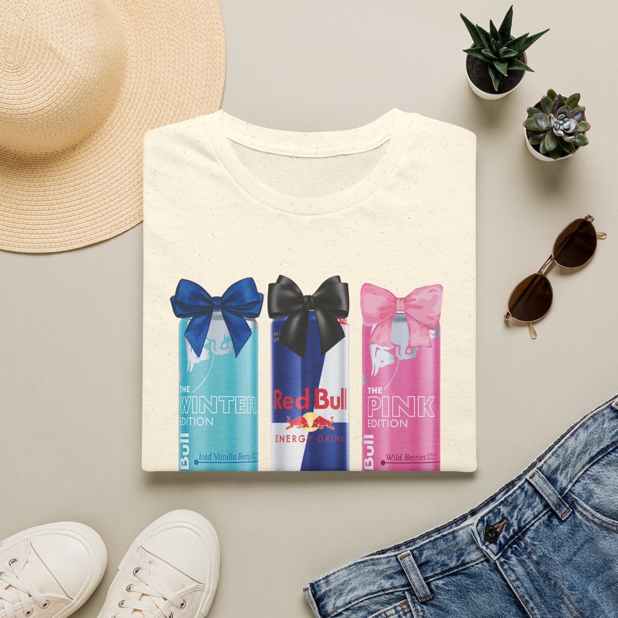 Red Bull Cans Graphic T-Shirt — “First I Need Red Bull” Energy Drink Tee