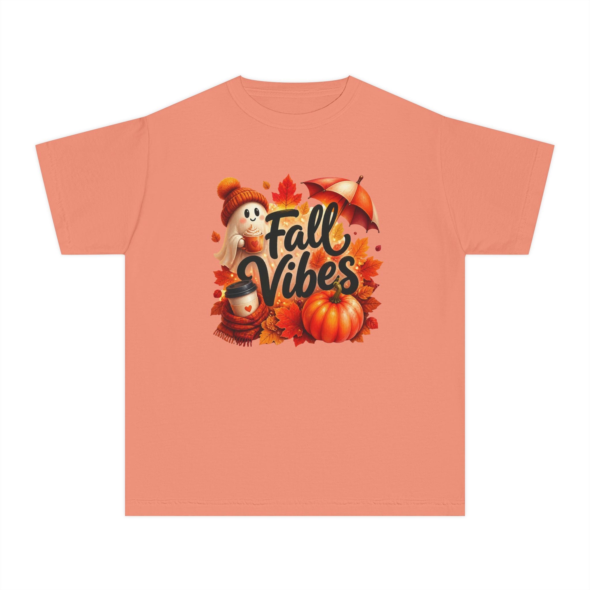 Fall Vibes Youth Tee — Cute Pumpkin, Leaves & Scarecrow Autumn Shirt