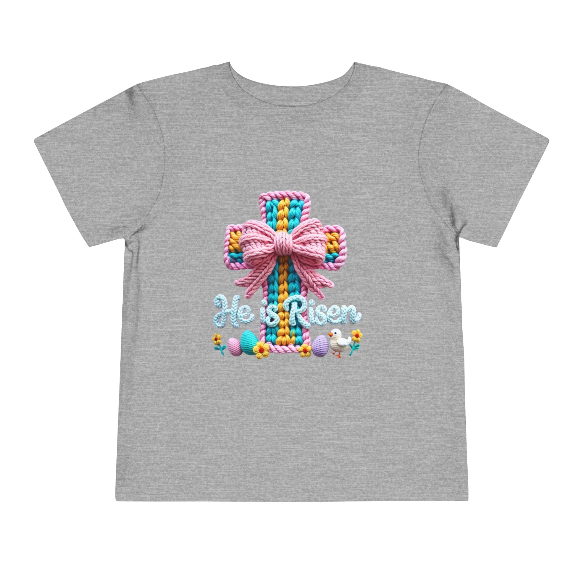 Easter Cross Toddler Tee — Colorful Knit Cross with "He is Risen" & Easter Eggs