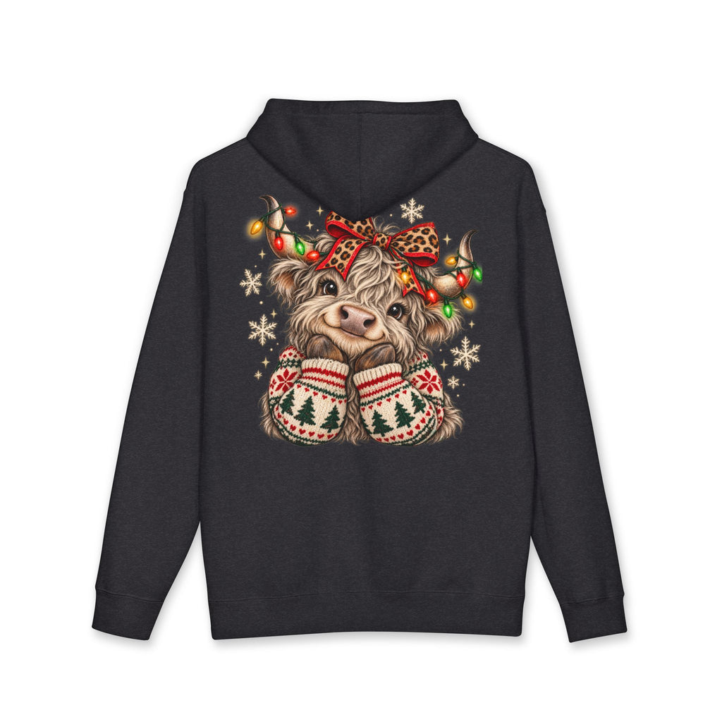 Christmas Cow Hoodie – Cute Highland Cow with Festive Lights & 'Merry Dolly Christmas' Design