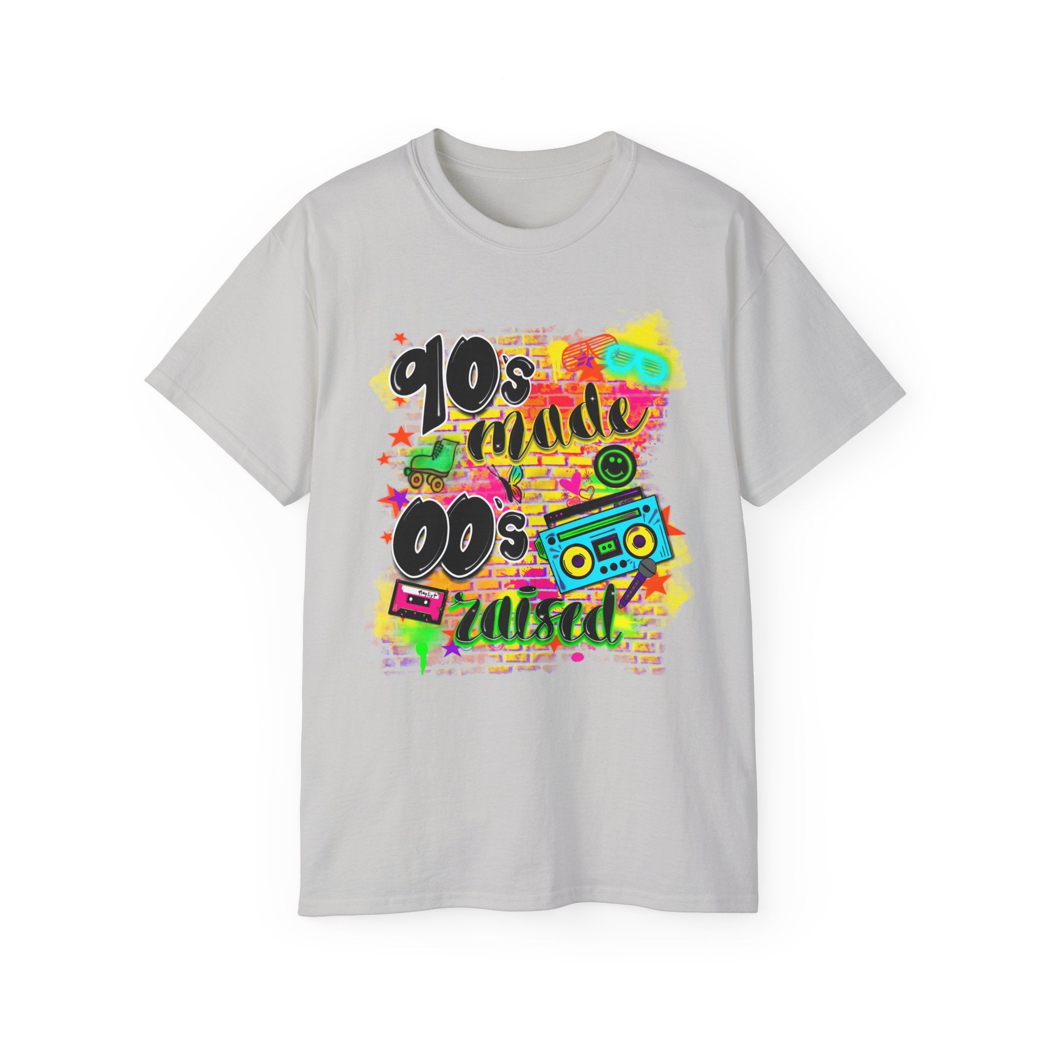 90s Made 00s Raised T-Shirt — Neon Retro Boombox Graphic Tee