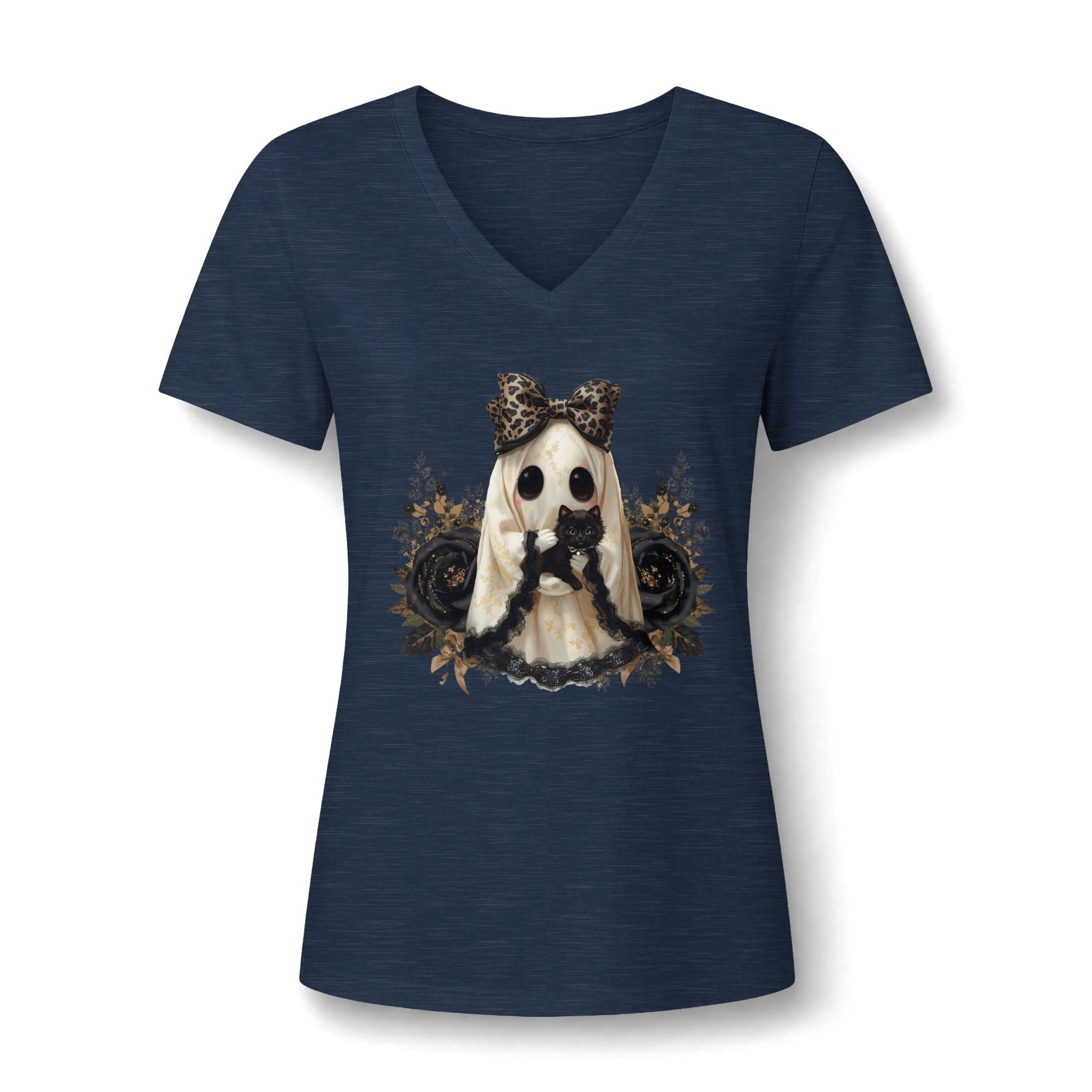Women's V-Neck Tee — Gothic Doll with Leopard Bow Graphic