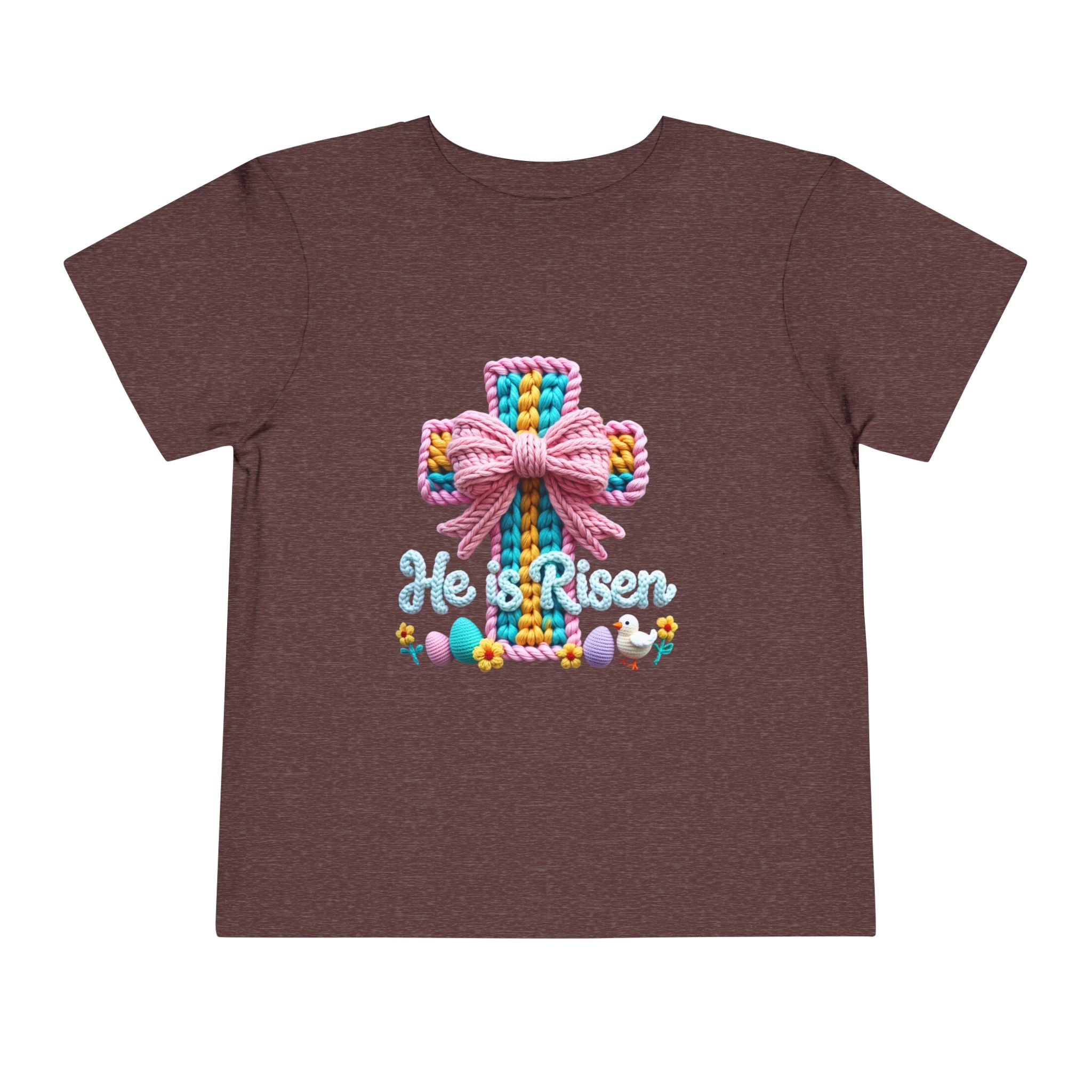 Easter Cross Toddler Tee — Colorful Knit Cross with "He is Risen" & Easter Eggs