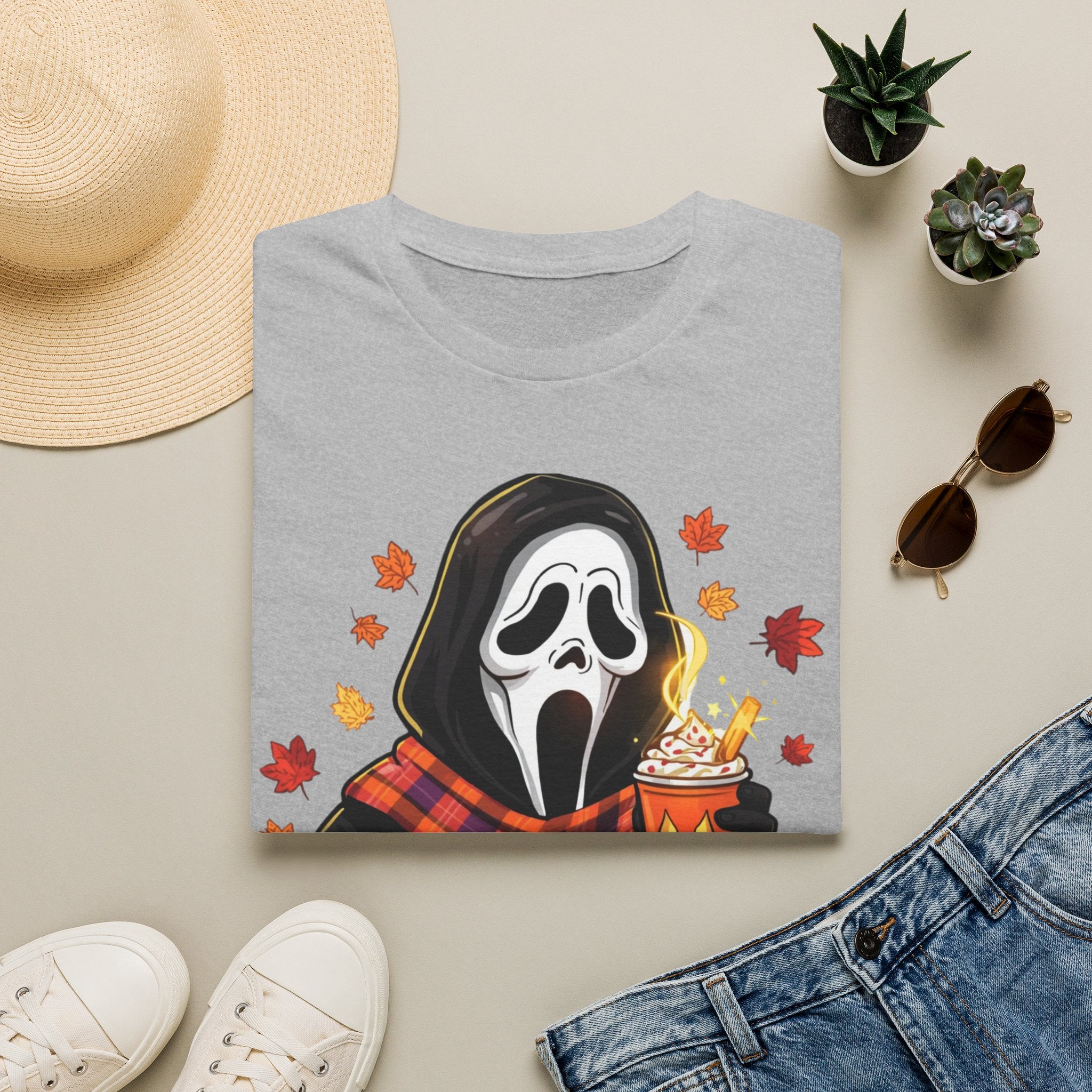 Halloween Scream Mask T‑Shirt — Cozy Fall Pumpkin & Hot Cocoa Graphic Tee