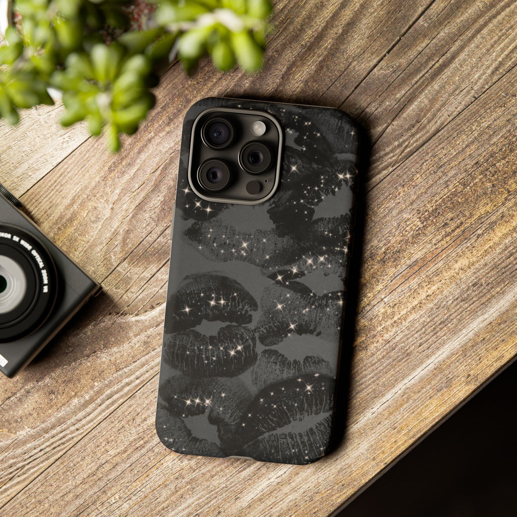 Black Glitter Kiss Phone Case — Sparkling Lip Print Protective Cover