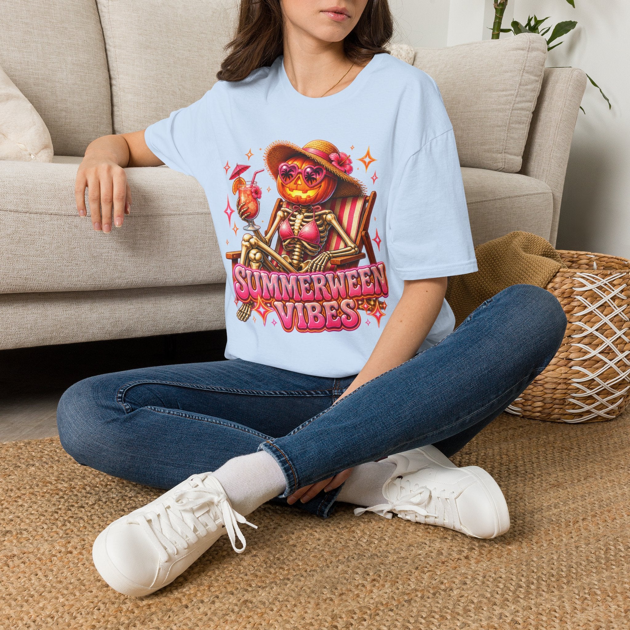 Summerween Vibes T-Shirt — Pumpkin Skeleton Beach Tee