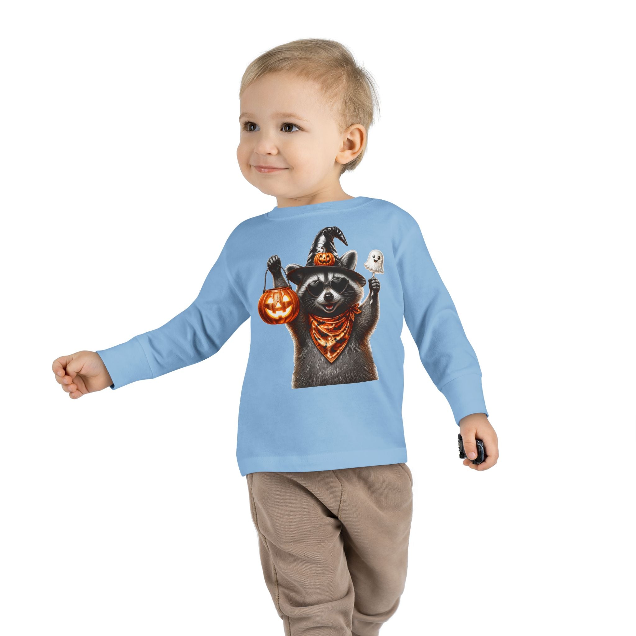 Toddler Long Sleeve Tee - Halloween Raccoon Trick-or-Treat Shirt with Witch Hat & Jack-O'-Lantern