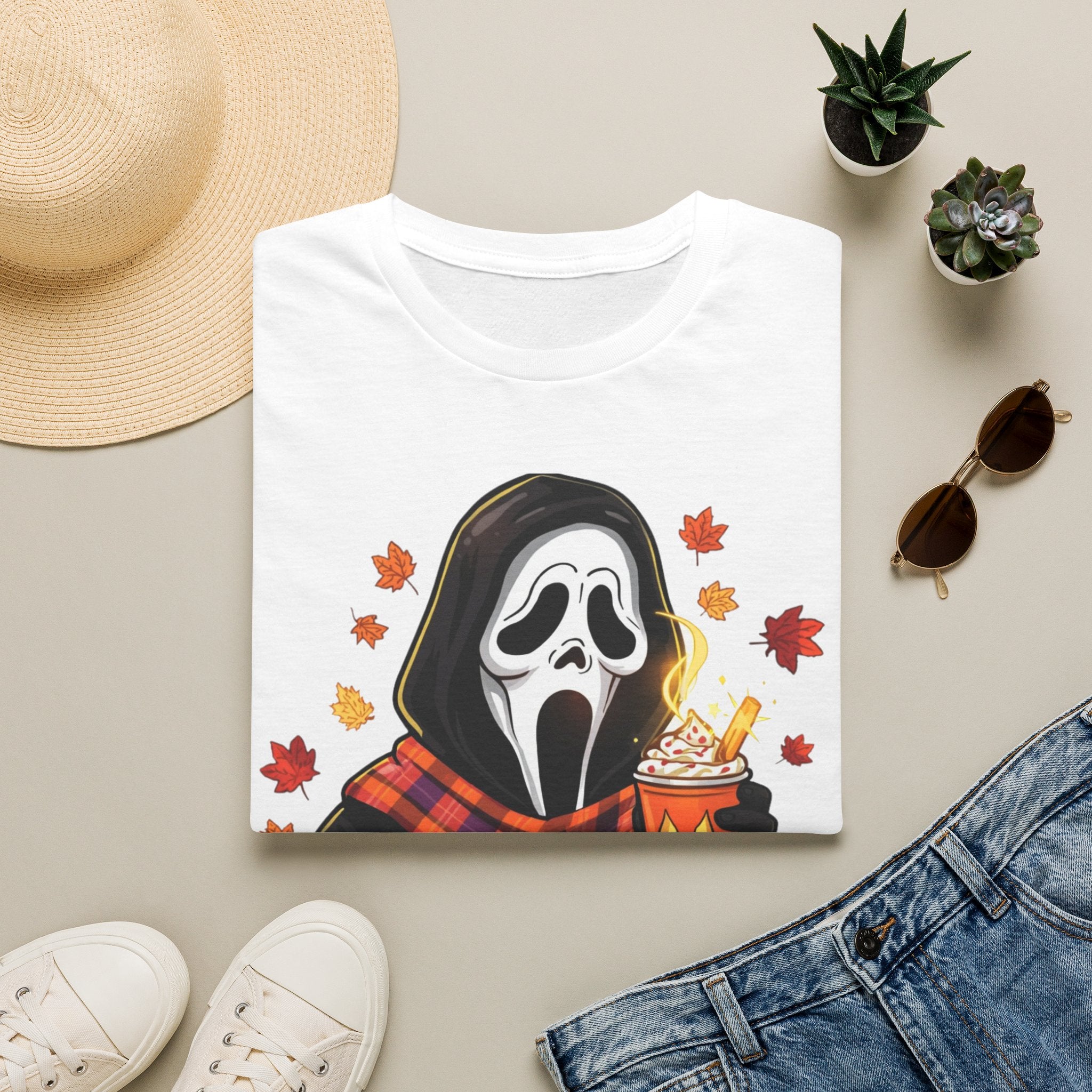 Halloween Scream Mask T‑Shirt — Cozy Fall Pumpkin & Hot Cocoa Graphic Tee
