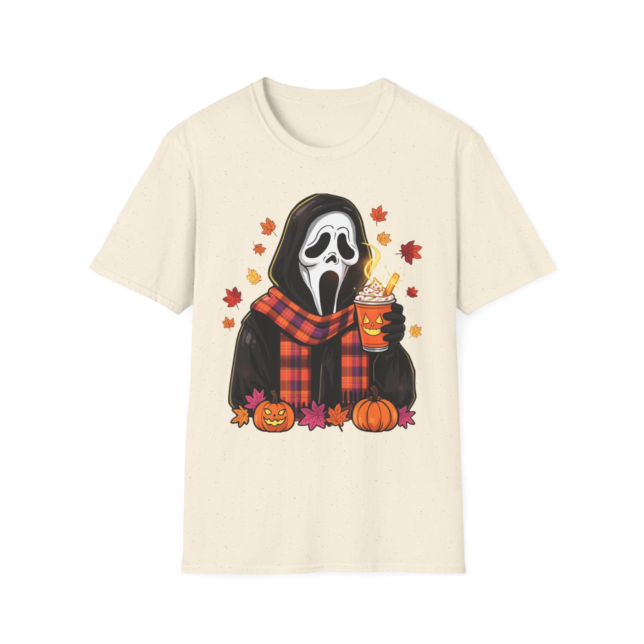 Halloween Scream Mask T‑Shirt — Cozy Fall Pumpkin & Hot Cocoa Graphic Tee
