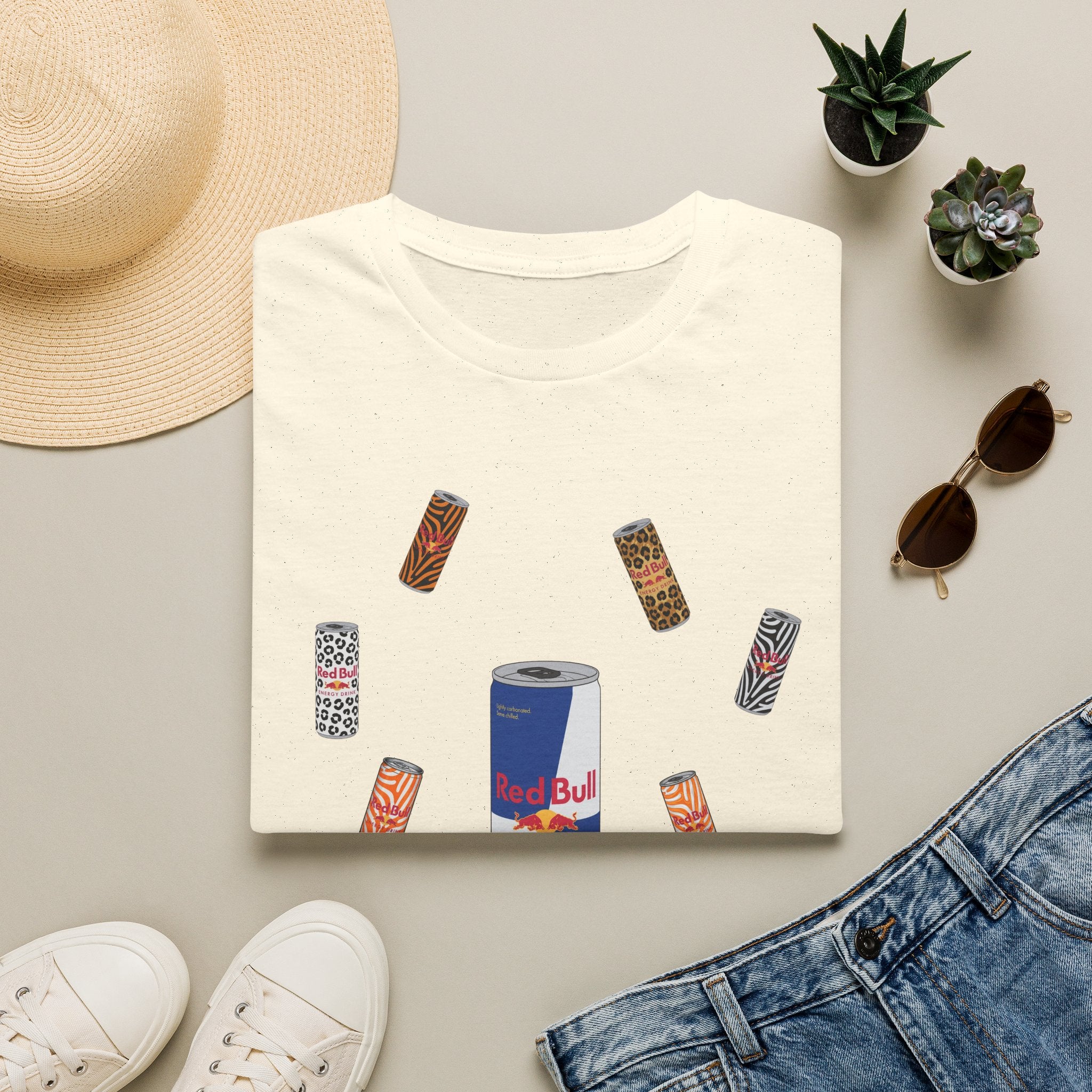 Energy Drink & Lip Balm Graphic T-Shirt — Playful Red Bull Design