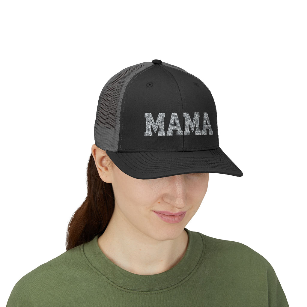 Mama Snapback Trucker Cap — Glitter Script "MAMA" Mesh Back Hat for Moms, Mother's Day Gift