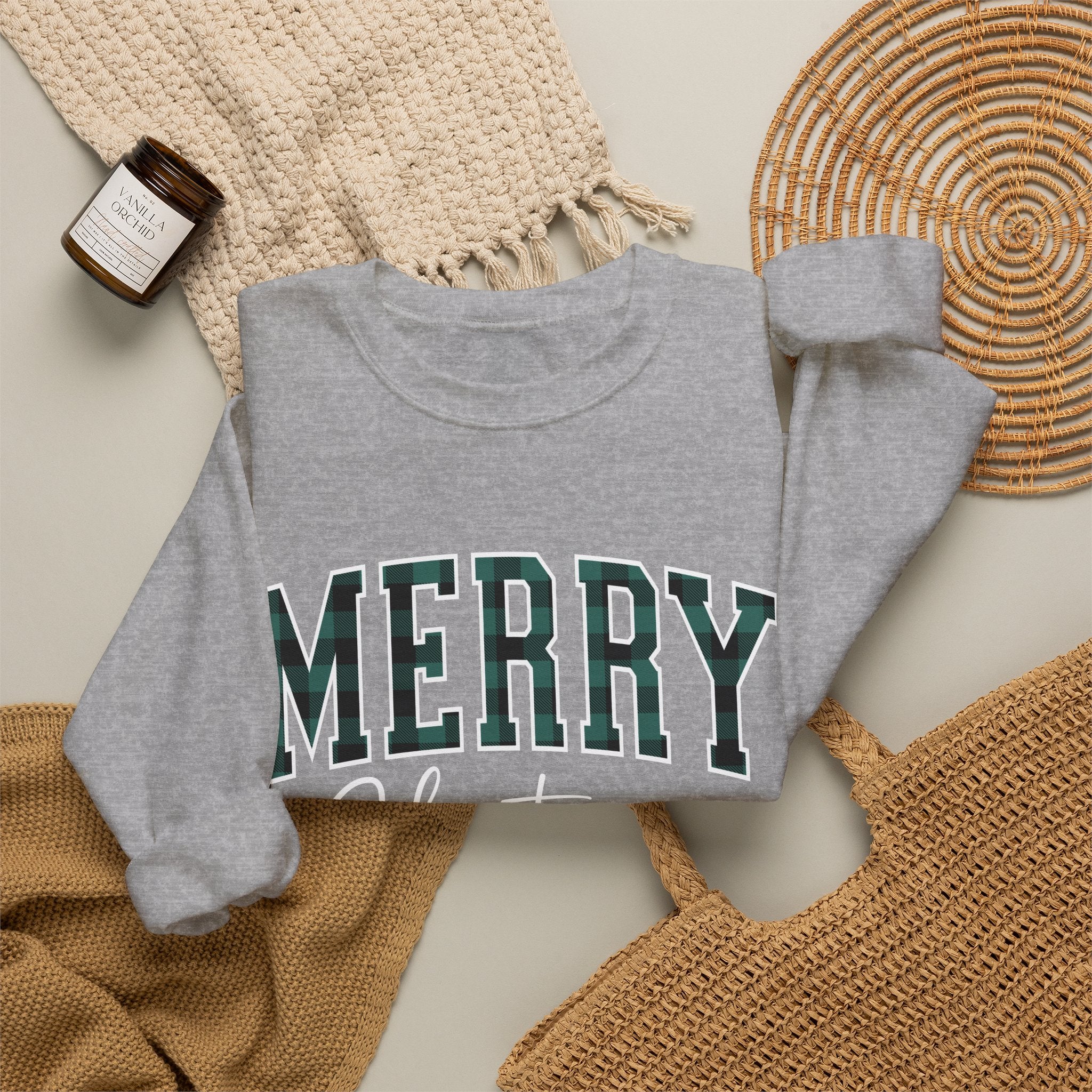 Merry Christmas Crewneck Sweatshirt – Plaid Holiday Graphic Crew