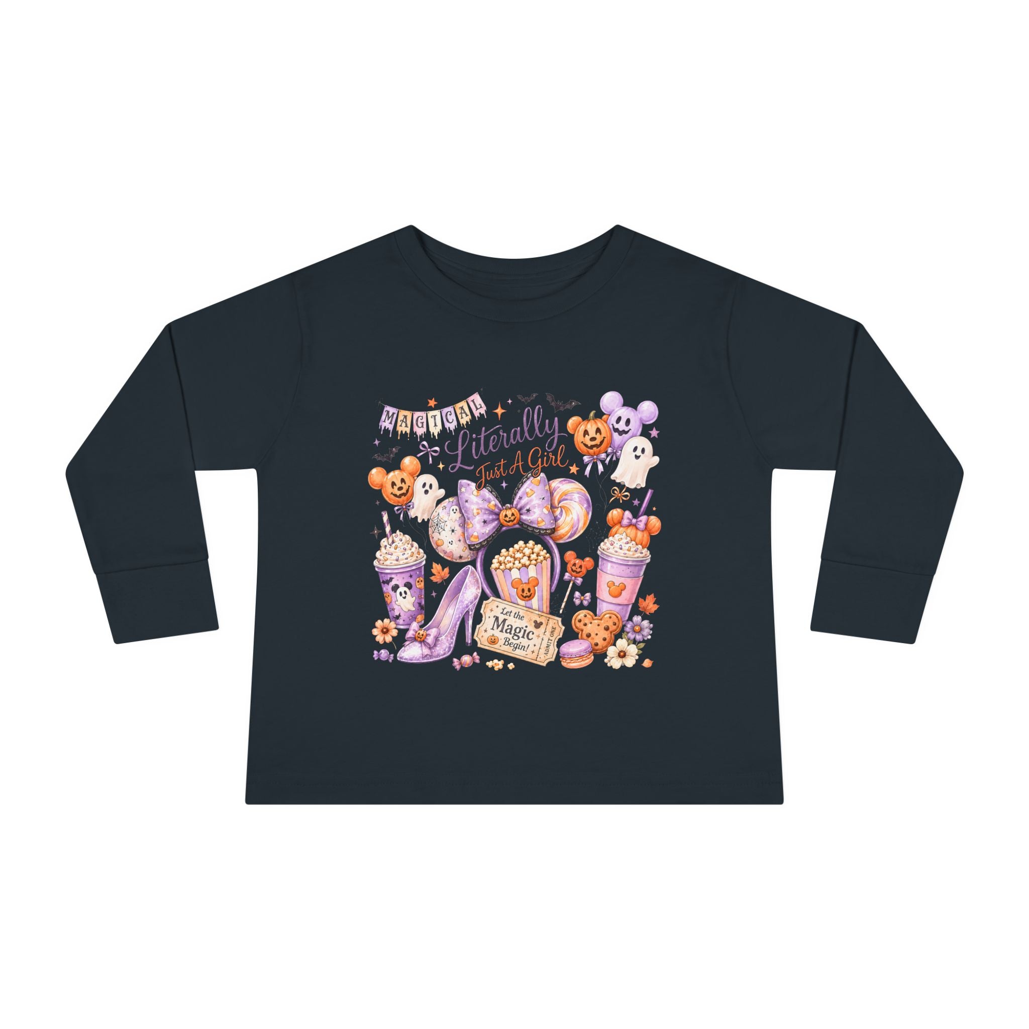 Toddler Long Sleeve Tee — "Pumpkin Spice & Magic" Halloween Minnie Bow Graphic