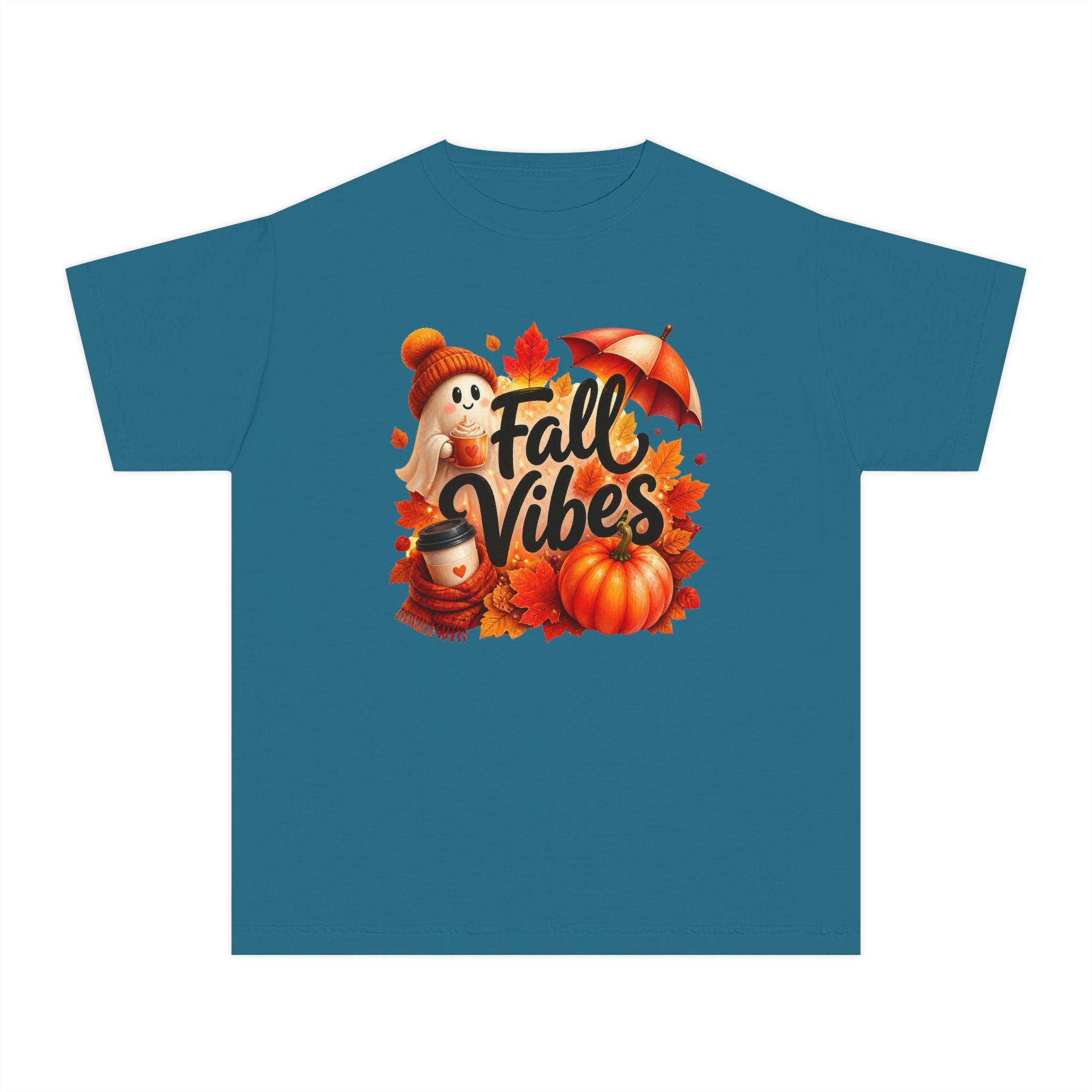 Fall Vibes Youth Tee — Cute Pumpkin, Leaves & Scarecrow Autumn Shirt