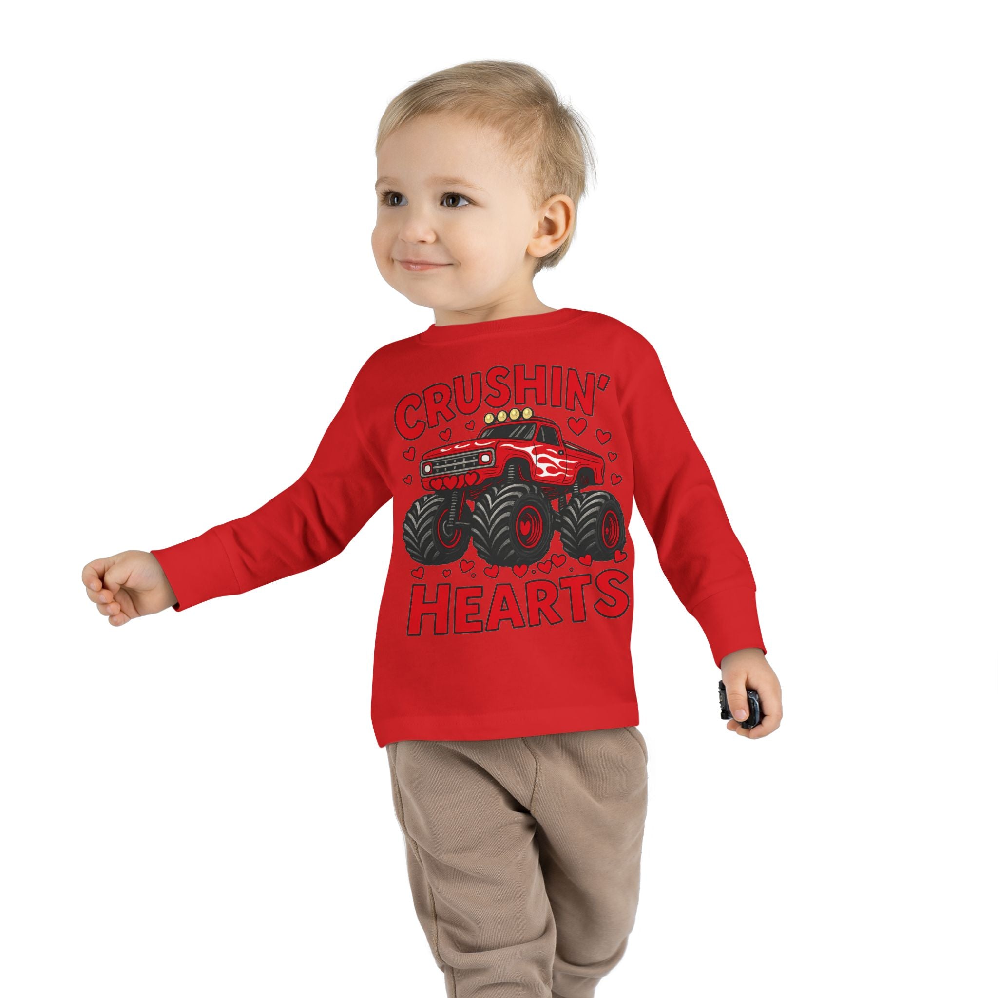 Crushin' Hearts Toddler Long Sleeve Tee - Monster Truck Valentine Shirt
