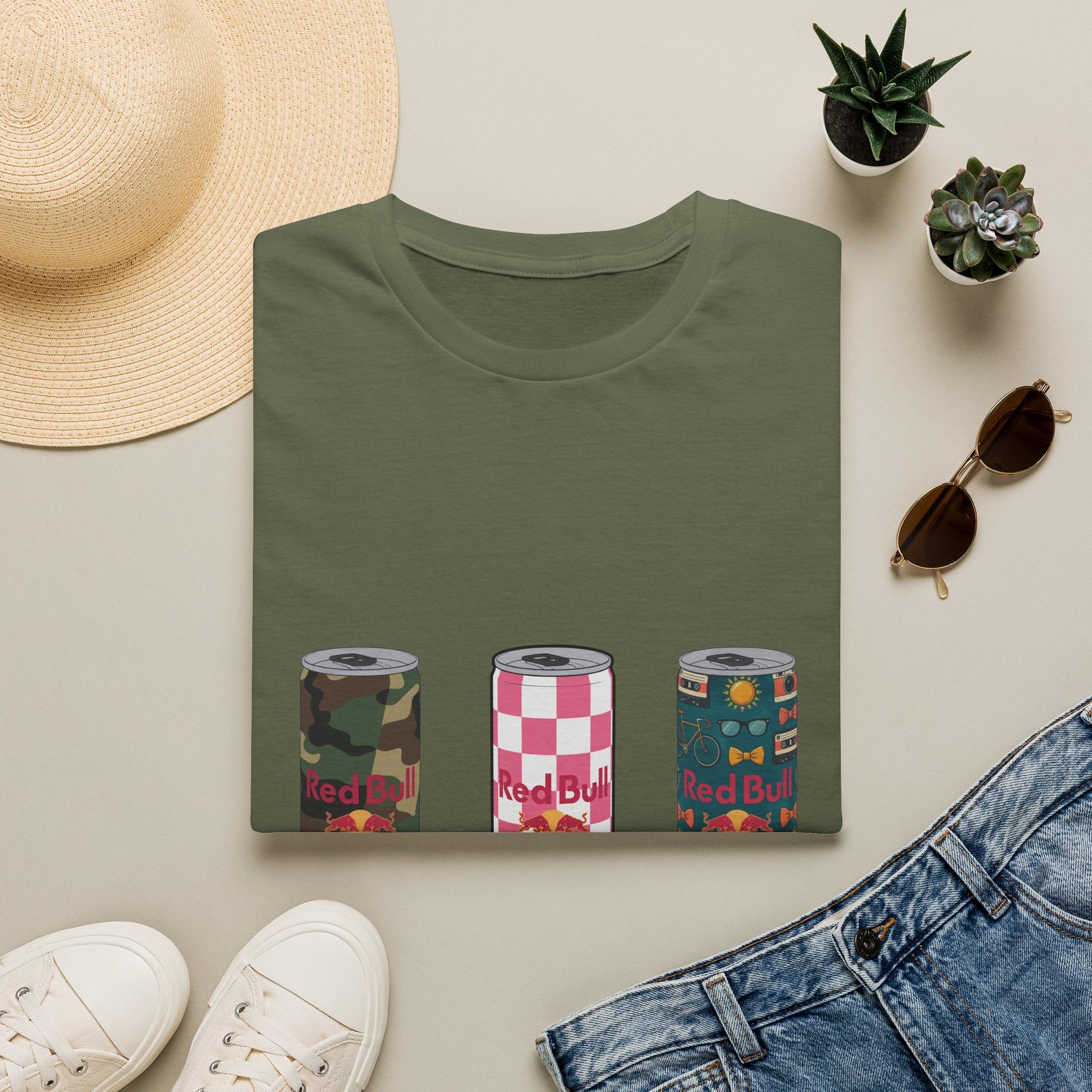 Energy Drink Can Trio T-Shirt — Camouflage, Checker & Floral Cans