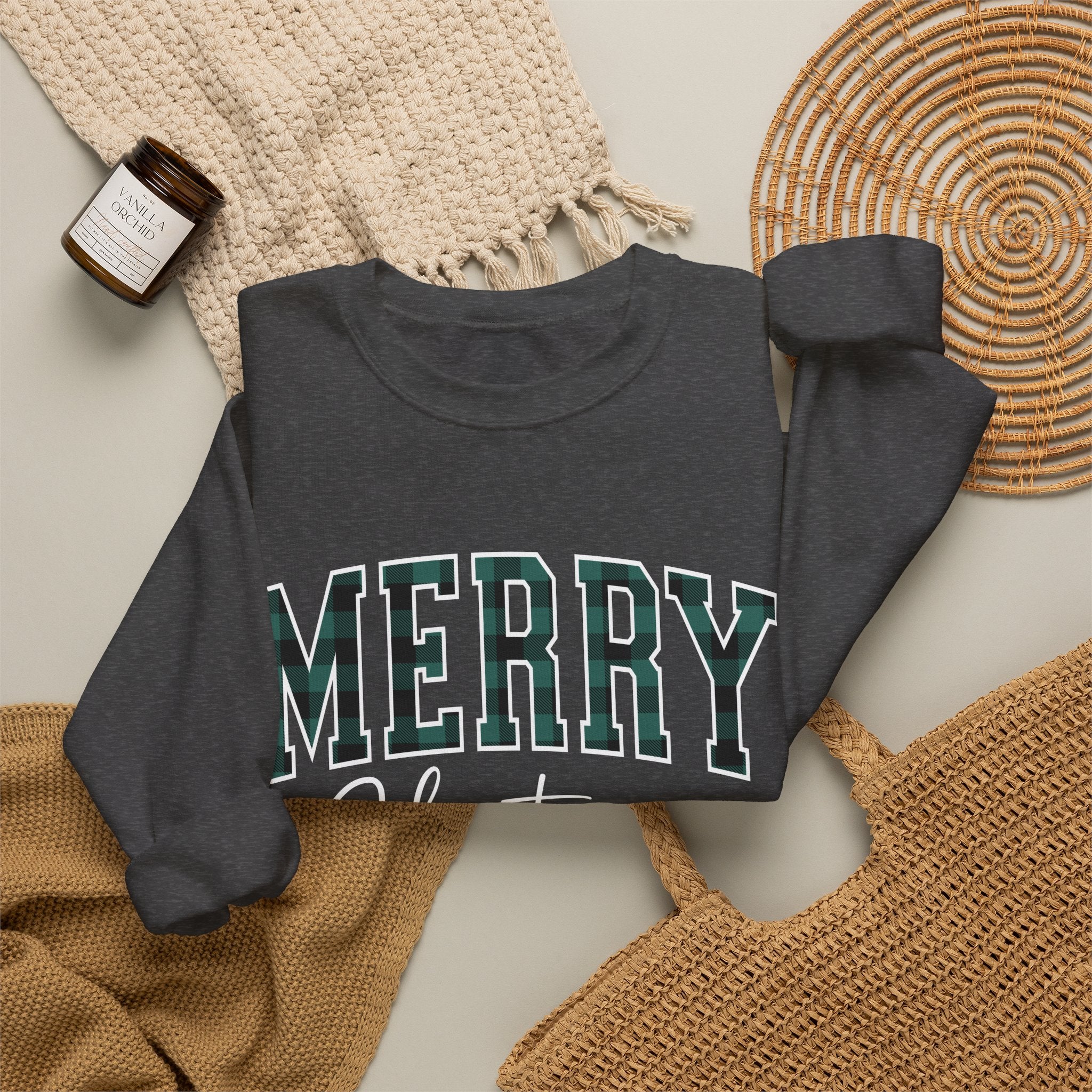 Merry Christmas Crewneck Sweatshirt – Plaid Holiday Graphic Crew