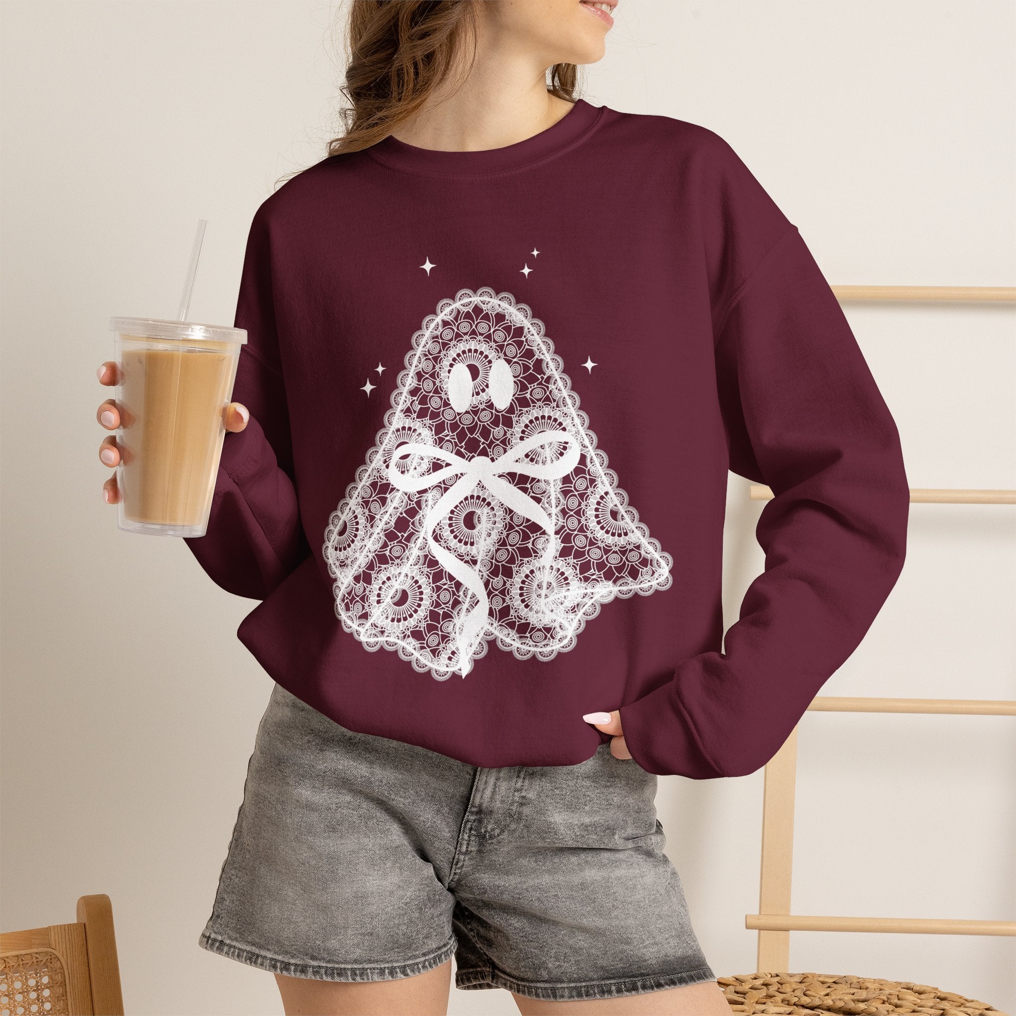 Crewneck Sweatshirt — Lace Ghost Illustration Cozy Halloween Pullover