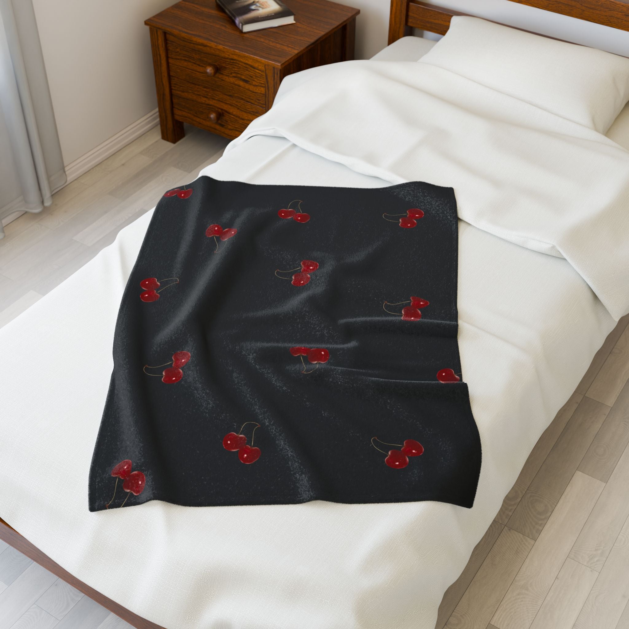 Red Cherry Pattern Velveteen Plush Blanket | Black Background, Cute Fruit Print