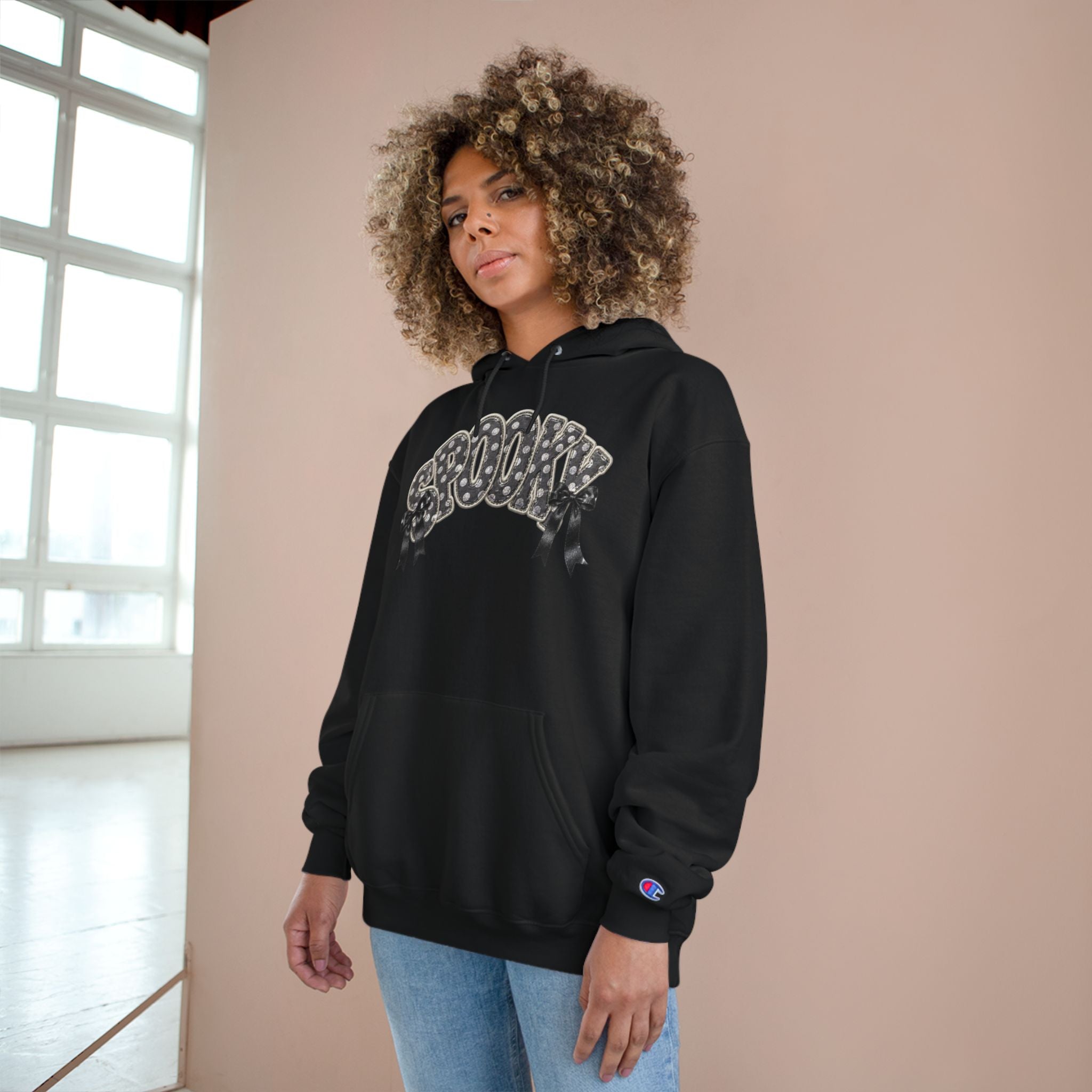 Spooky Floral Champion Hoodie — White Halloween Graphic Sweatshirt