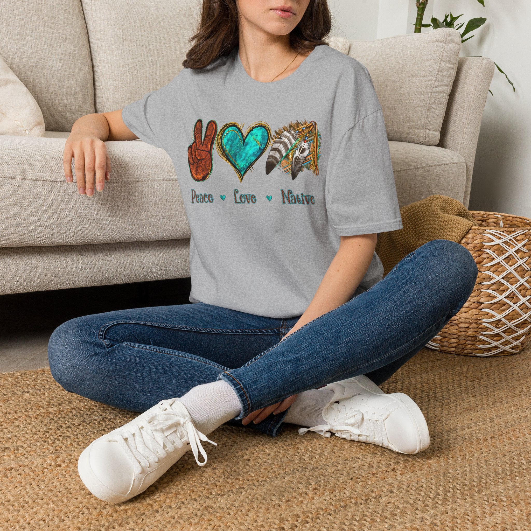Peace Love Native T-Shirt — Boho Tribal Teal Heart Graphic Tee