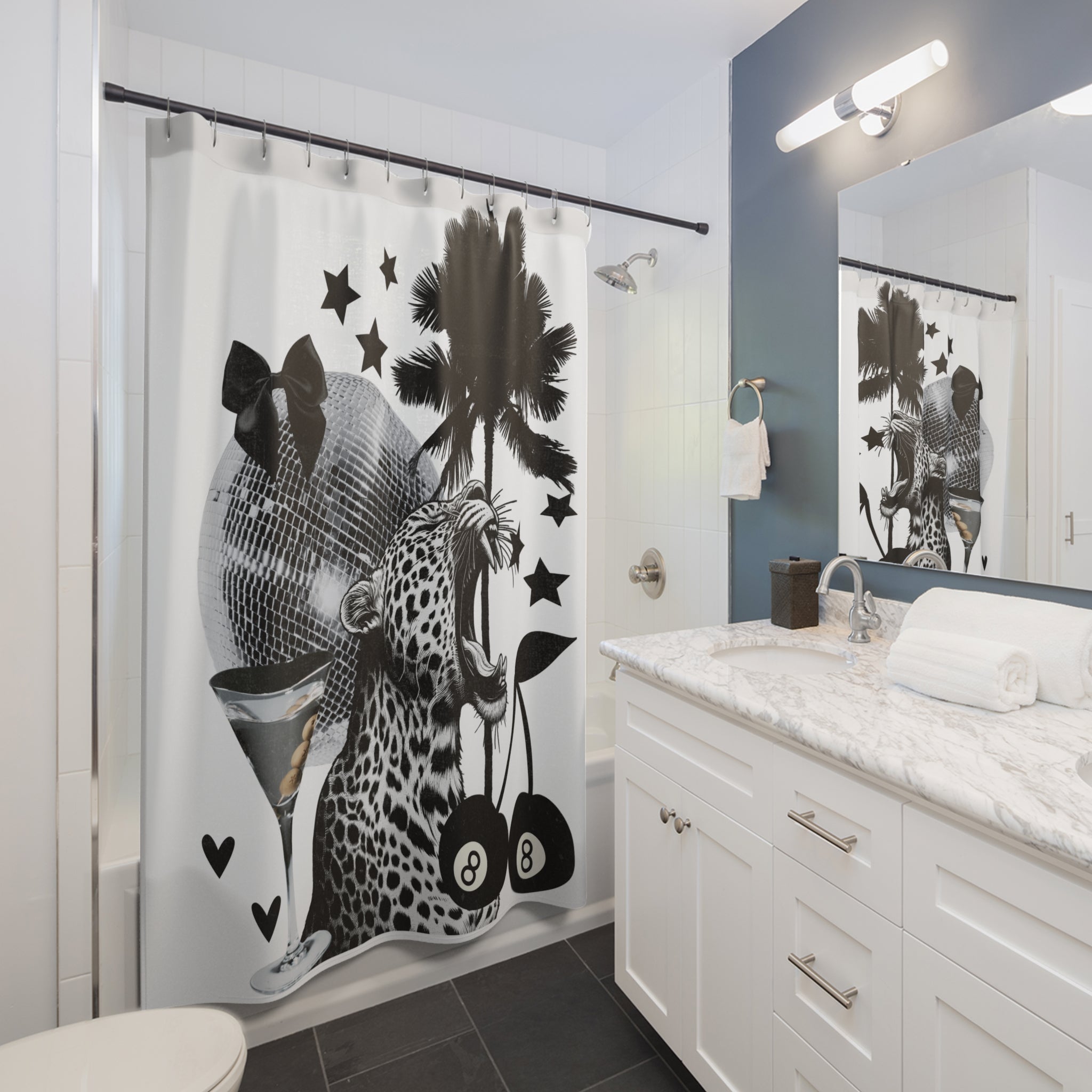 Disco Jungle Shower Curtain — Retro Leopard, Palm Trees & Martini Bathroom Decor