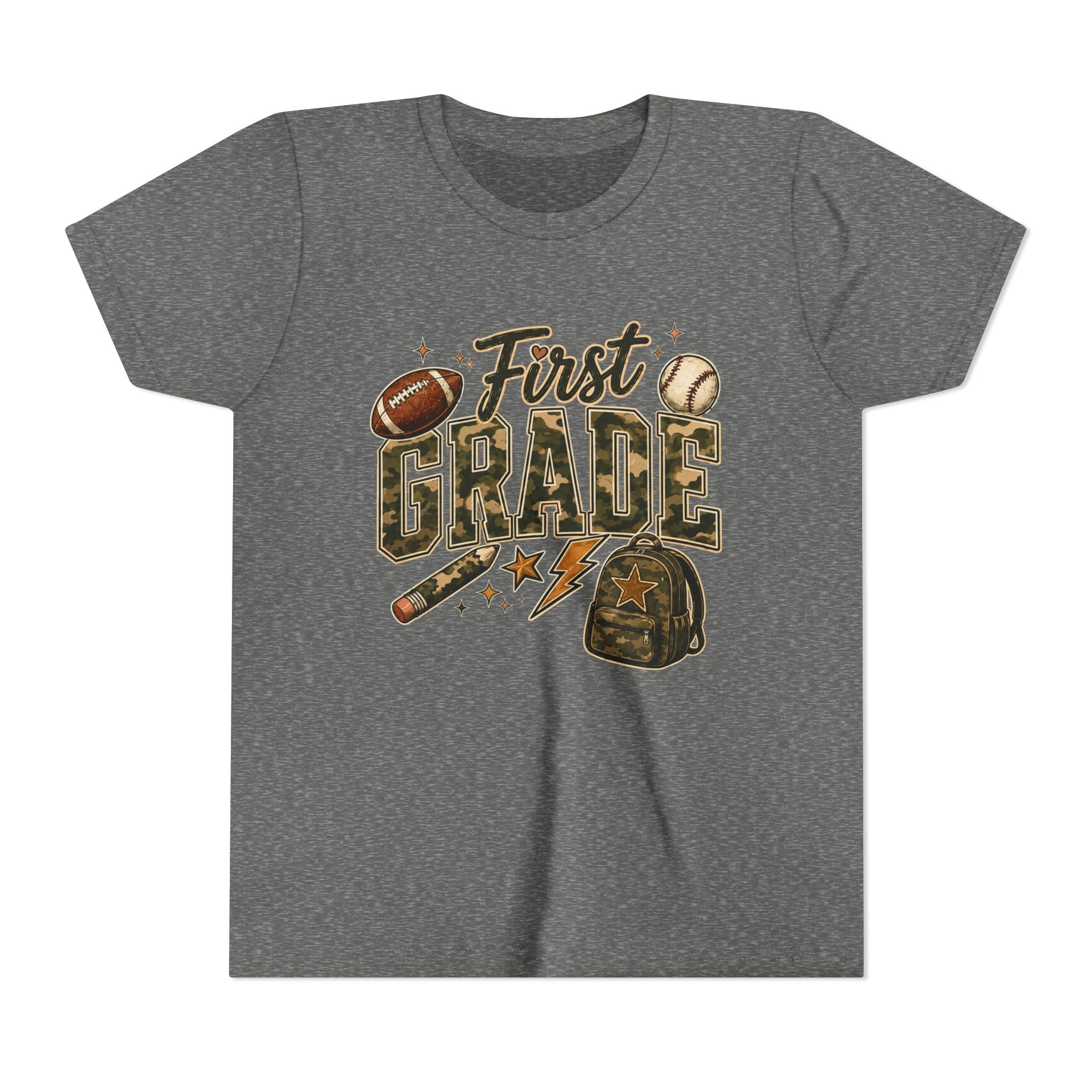 First Grade Kids T‑Shirt — Back to School Sports Backpack Design