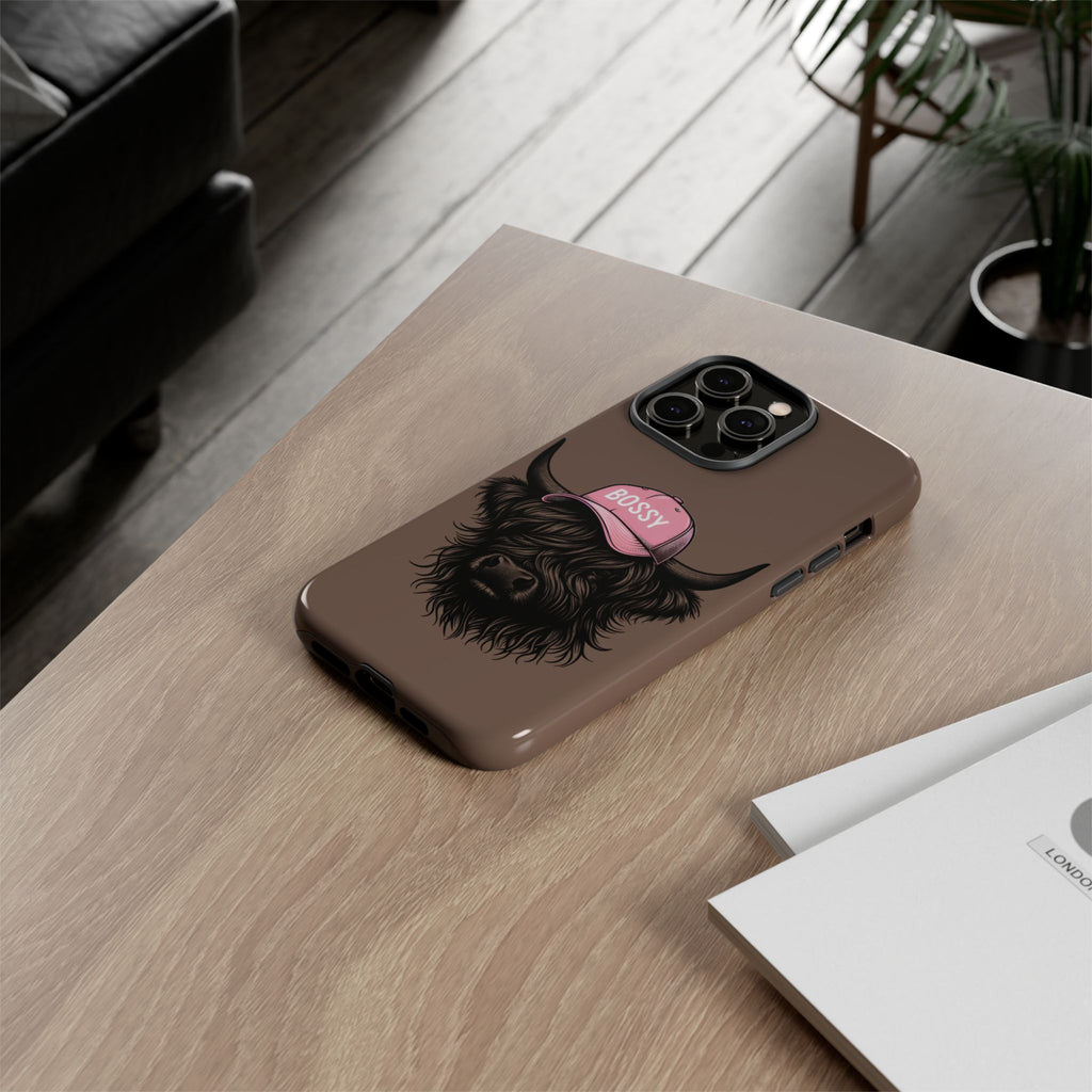 Phone Case — Highland Cow Wearing 'BOSSY' Pink Hat, Cute Farm Animal Protective Cover