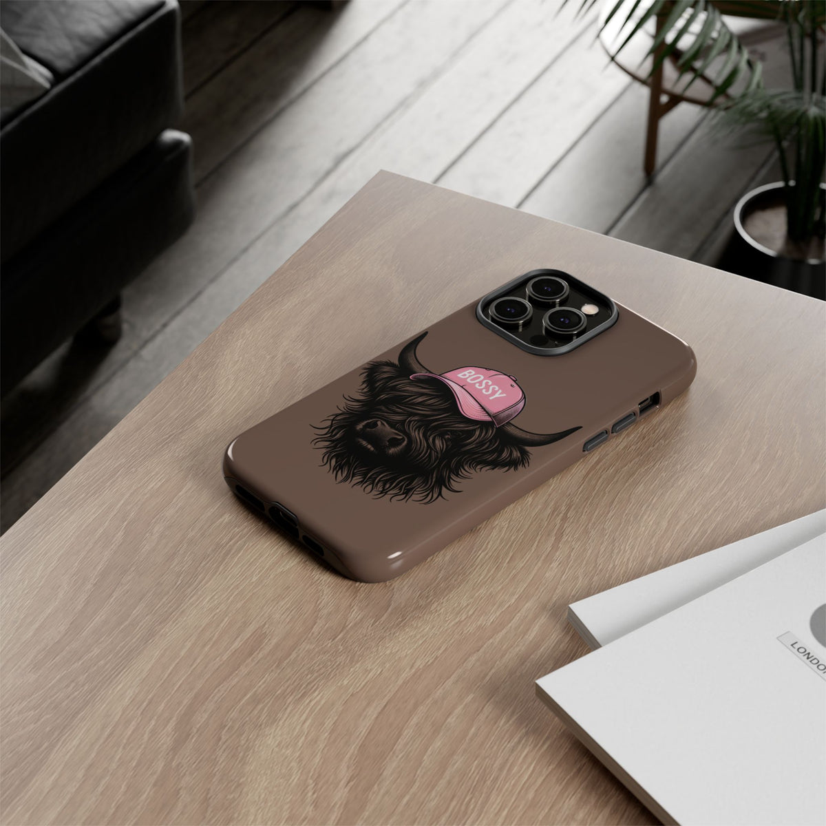 Phone Case — Highland Cow Wearing 'BOSSY' Pink Hat, Cute Farm Animal Protective Cover