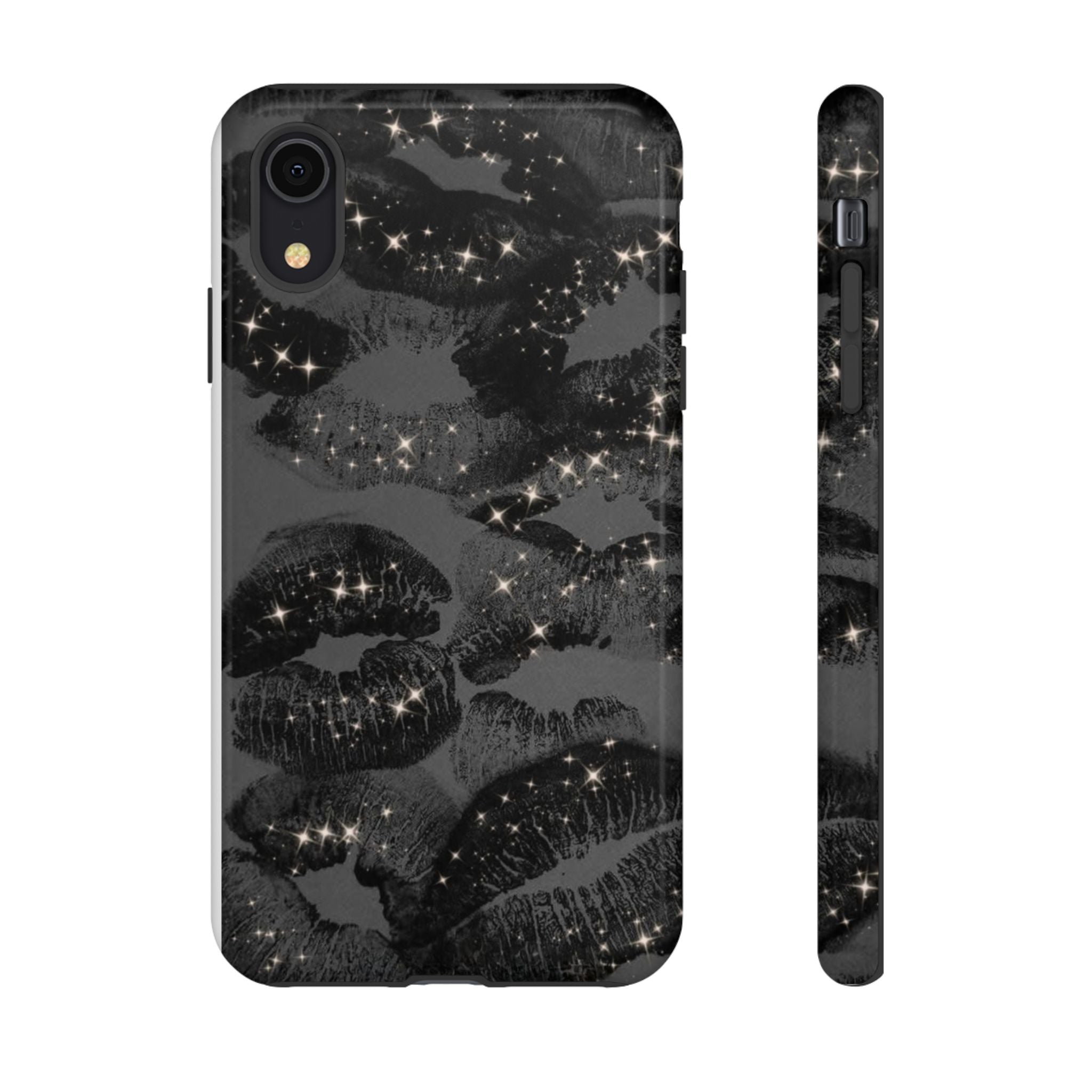 Black Glitter Kiss Phone Case — Sparkling Lip Print Protective Cover