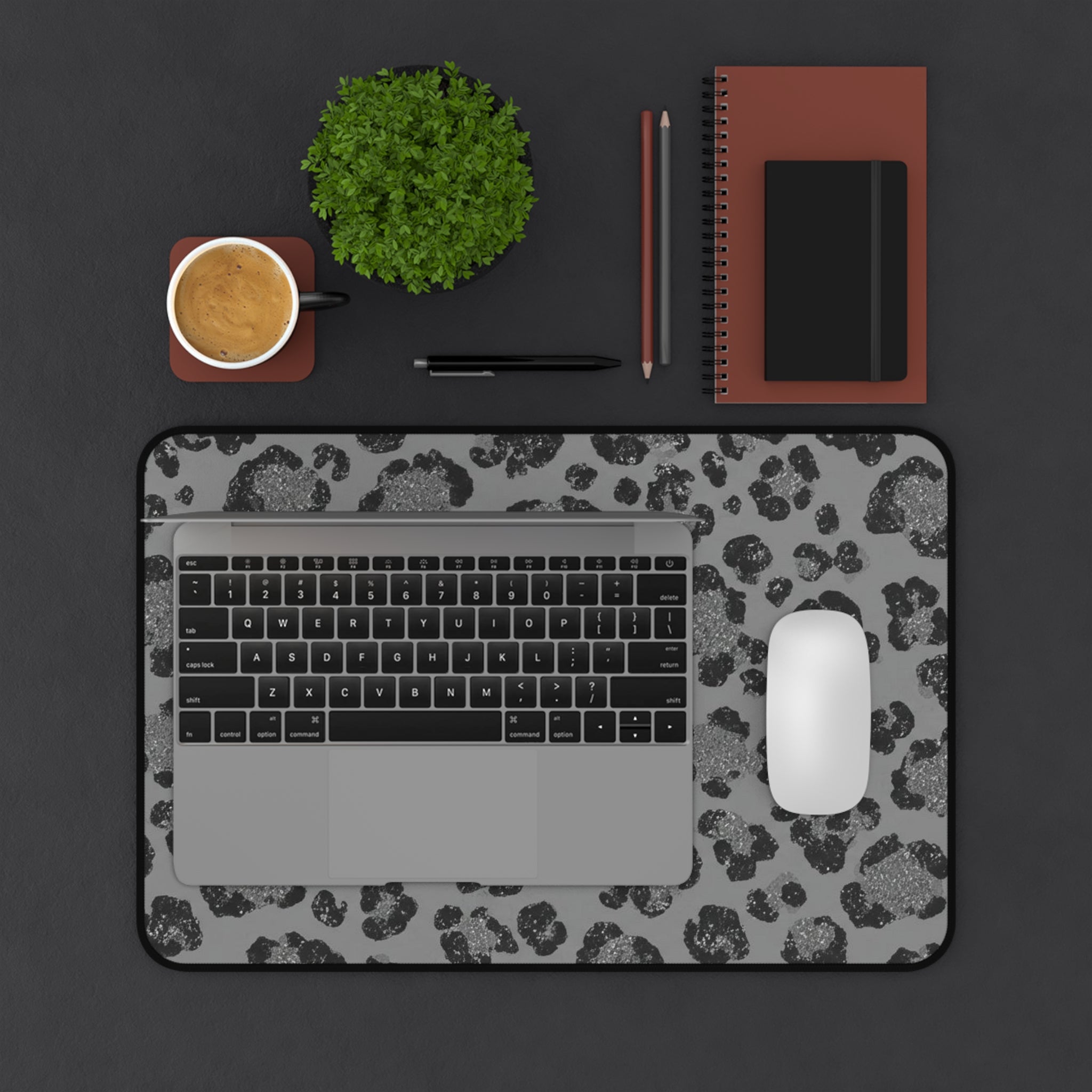 Grey Leopard Print Desk Mat — Stylish Anti-Slip Mouse Pad