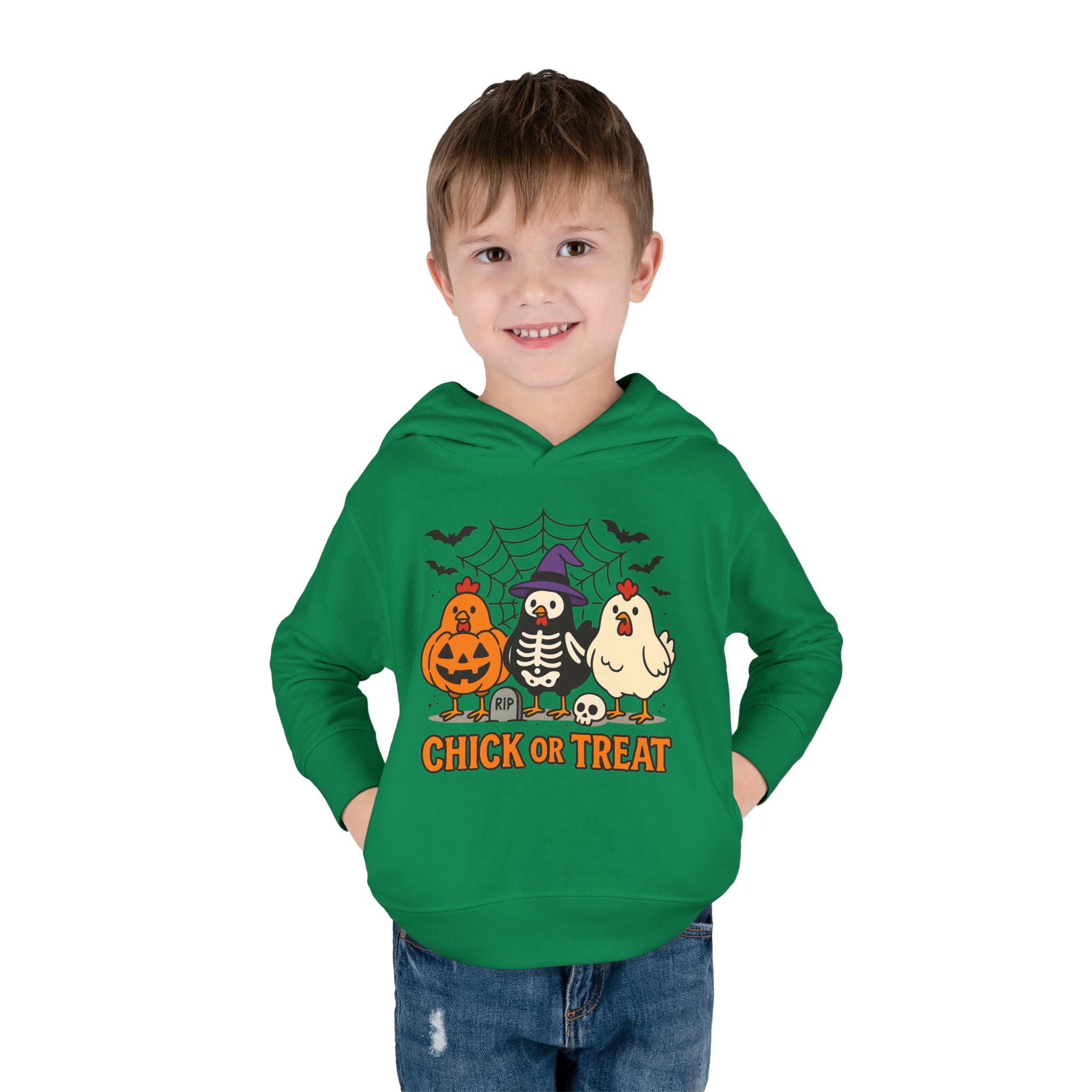 Toddler Halloween Pullover Hoodie – "Chick or Treat" Pumpkin Skeleton Chicken Kids Fleece