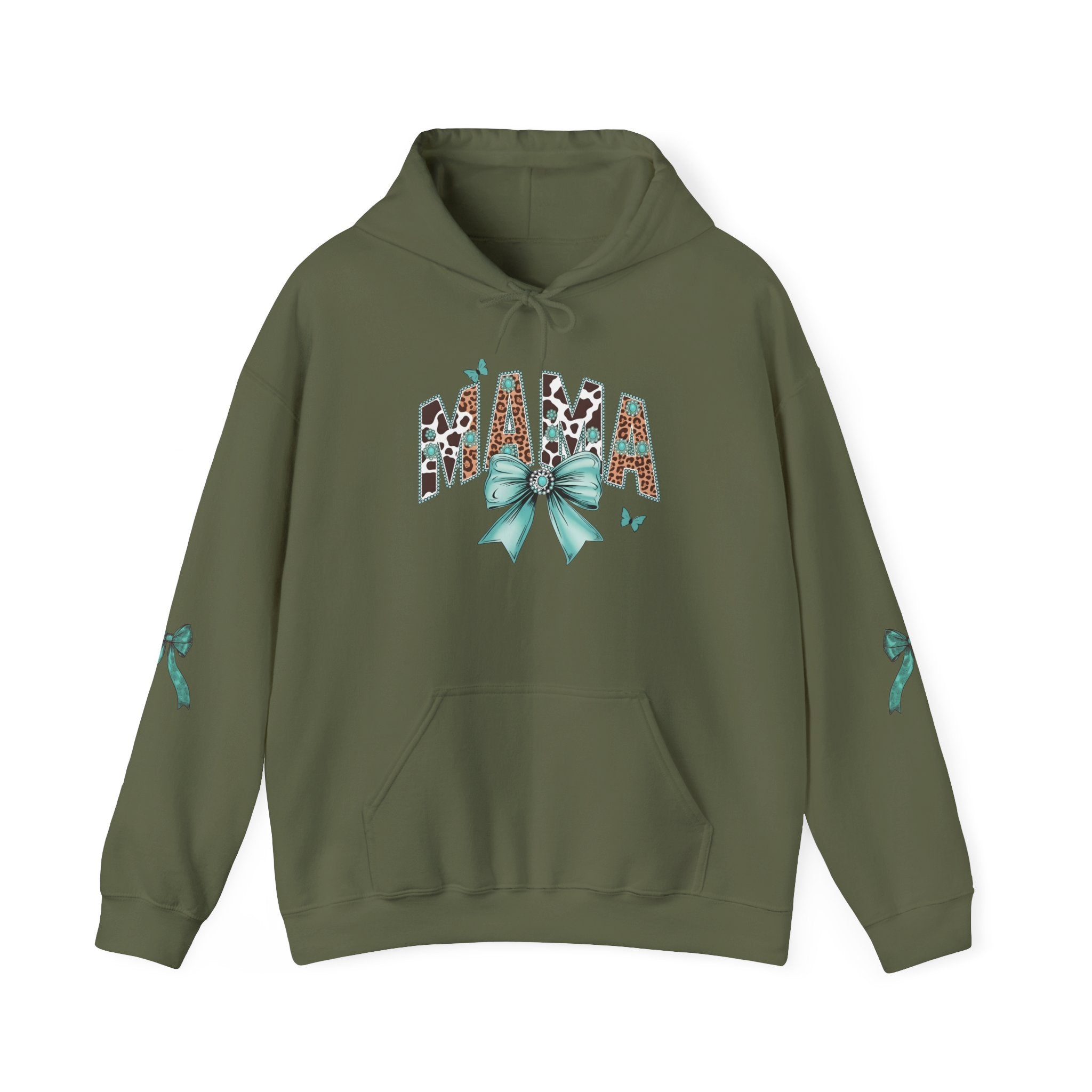 Mama Leopard Letters teal bow Hoodie | Cow print back panel, sleeve bows
