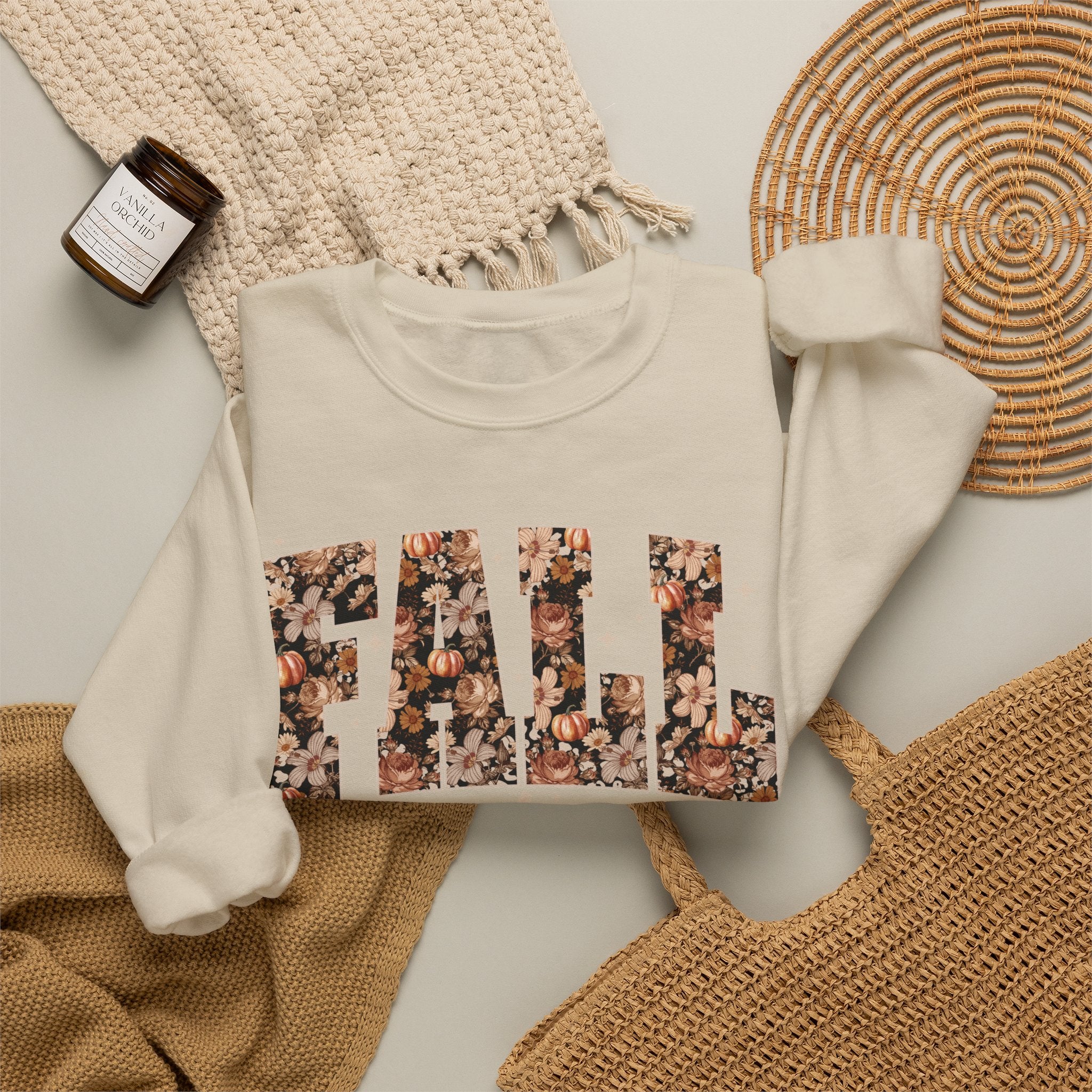 Fall Vibes Crewneck Sweatshirt — Floral Lettering Autumn Pullover