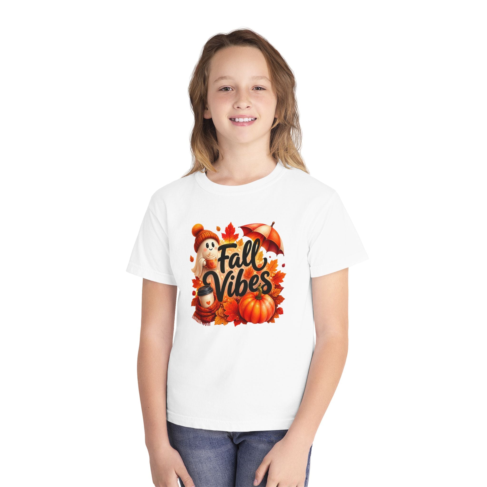 Fall Vibes Youth Tee — Cute Pumpkin, Leaves & Scarecrow Autumn Shirt
