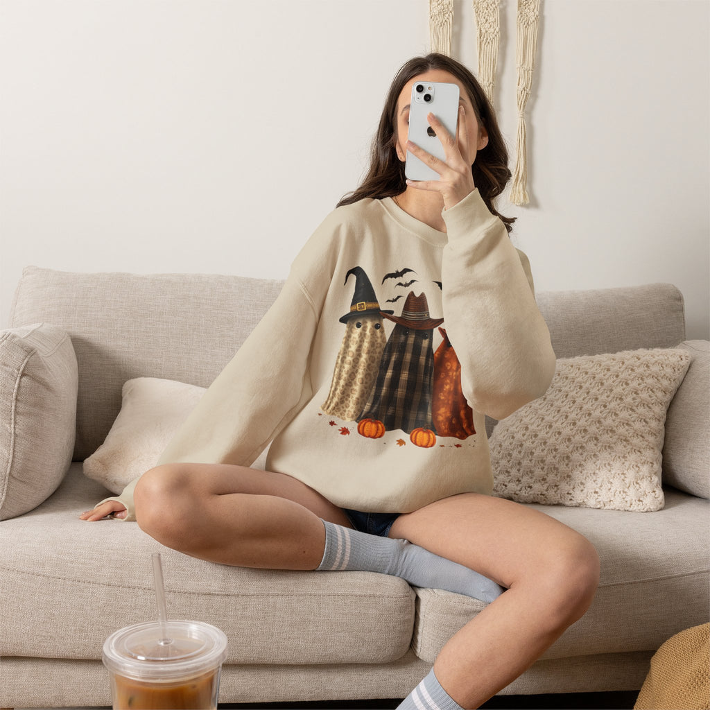 Halloween Witch Ghosts Crewneck Sweatshirt — Cozy Pumpkin & Bats Fall Graphic