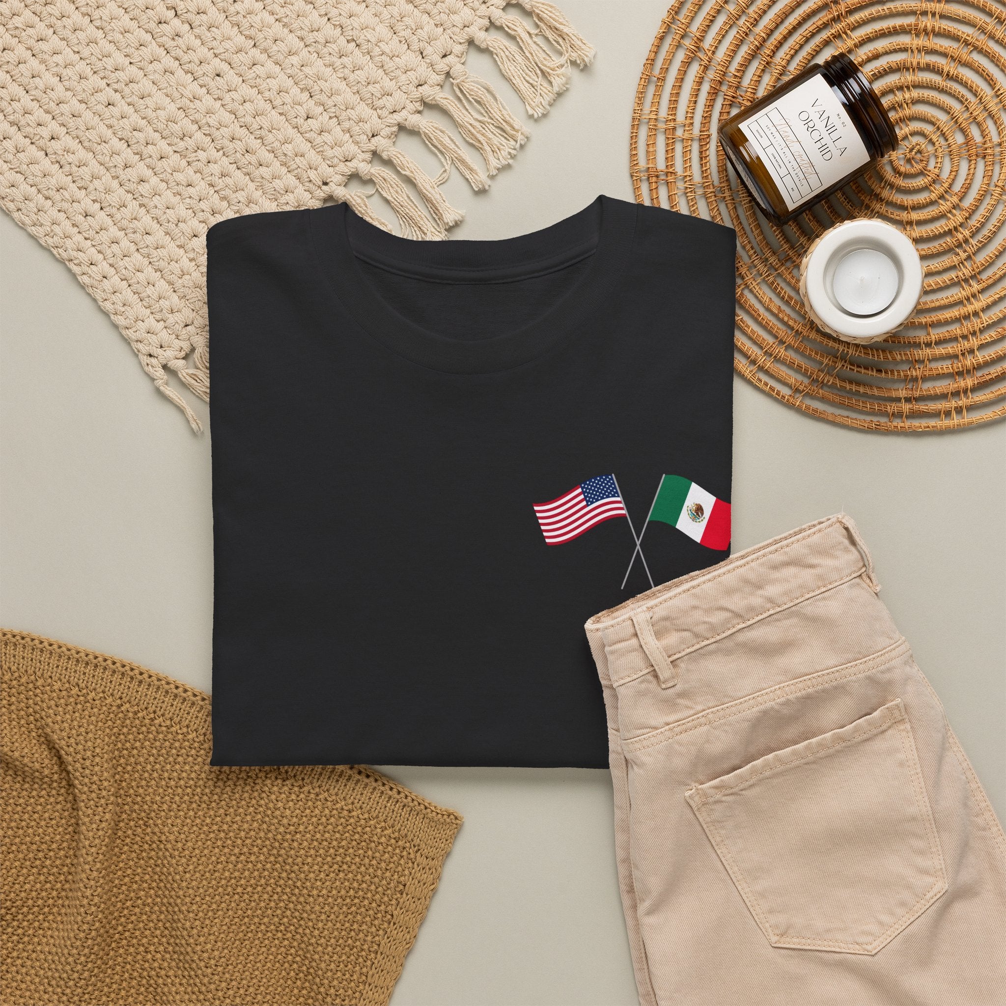 American & Italian Flag Tee with Vintage Rose Back — Patriotic Floral T-Shirt