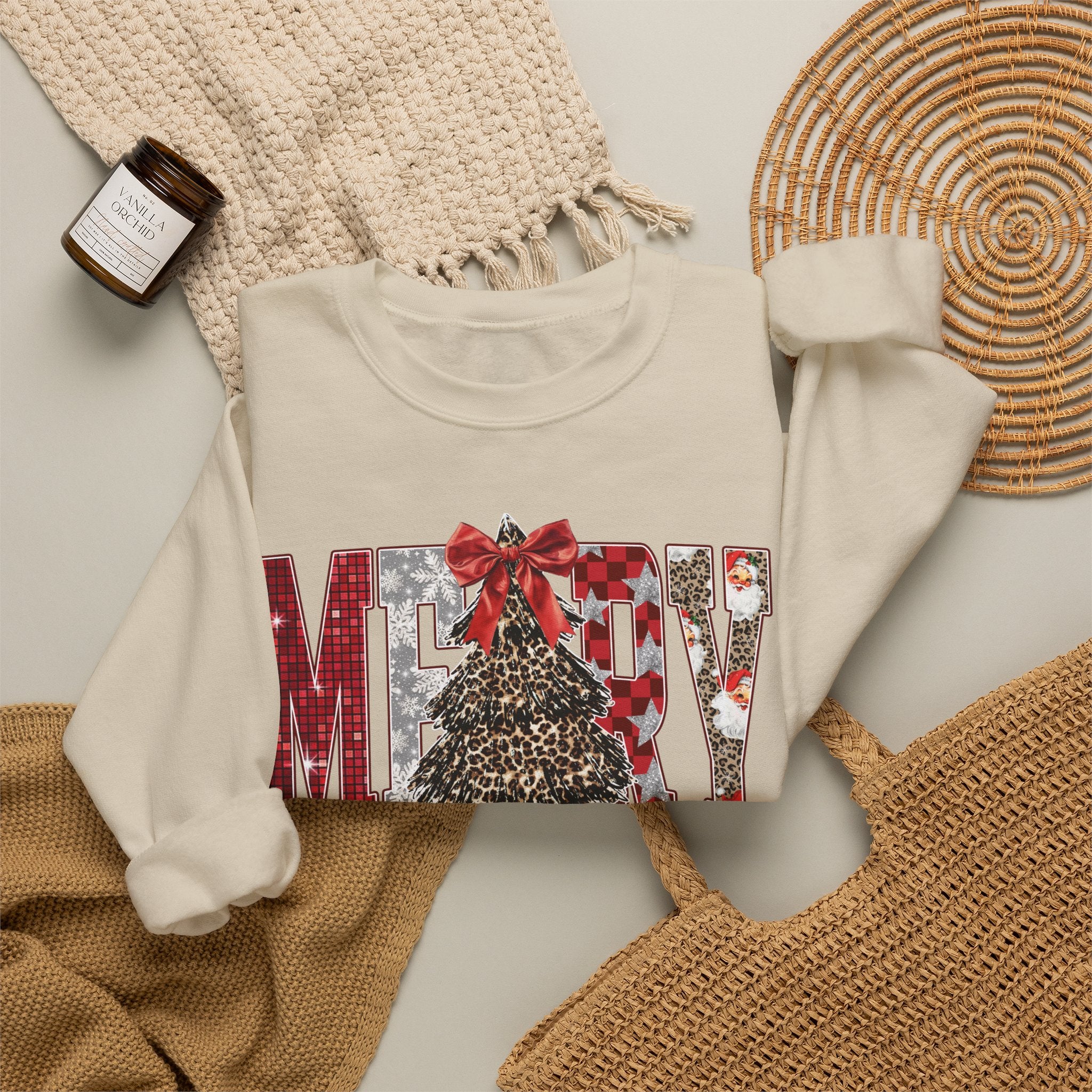 Merry Christmas Crewneck Sweatshirt — Festive Tree & Bow Holiday Sweatshirt