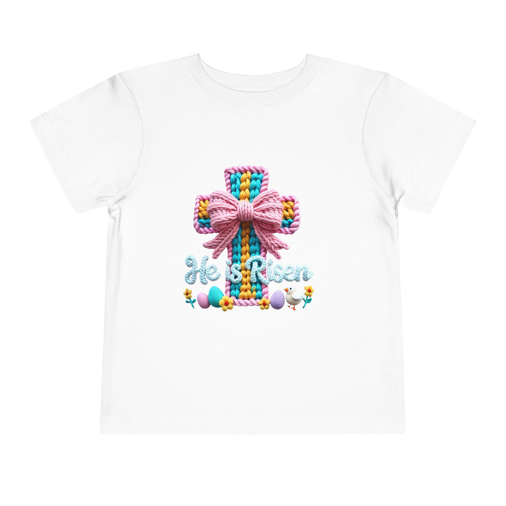 Easter Cross Toddler Tee — Colorful Knit Cross with "He is Risen" & Easter Eggs
