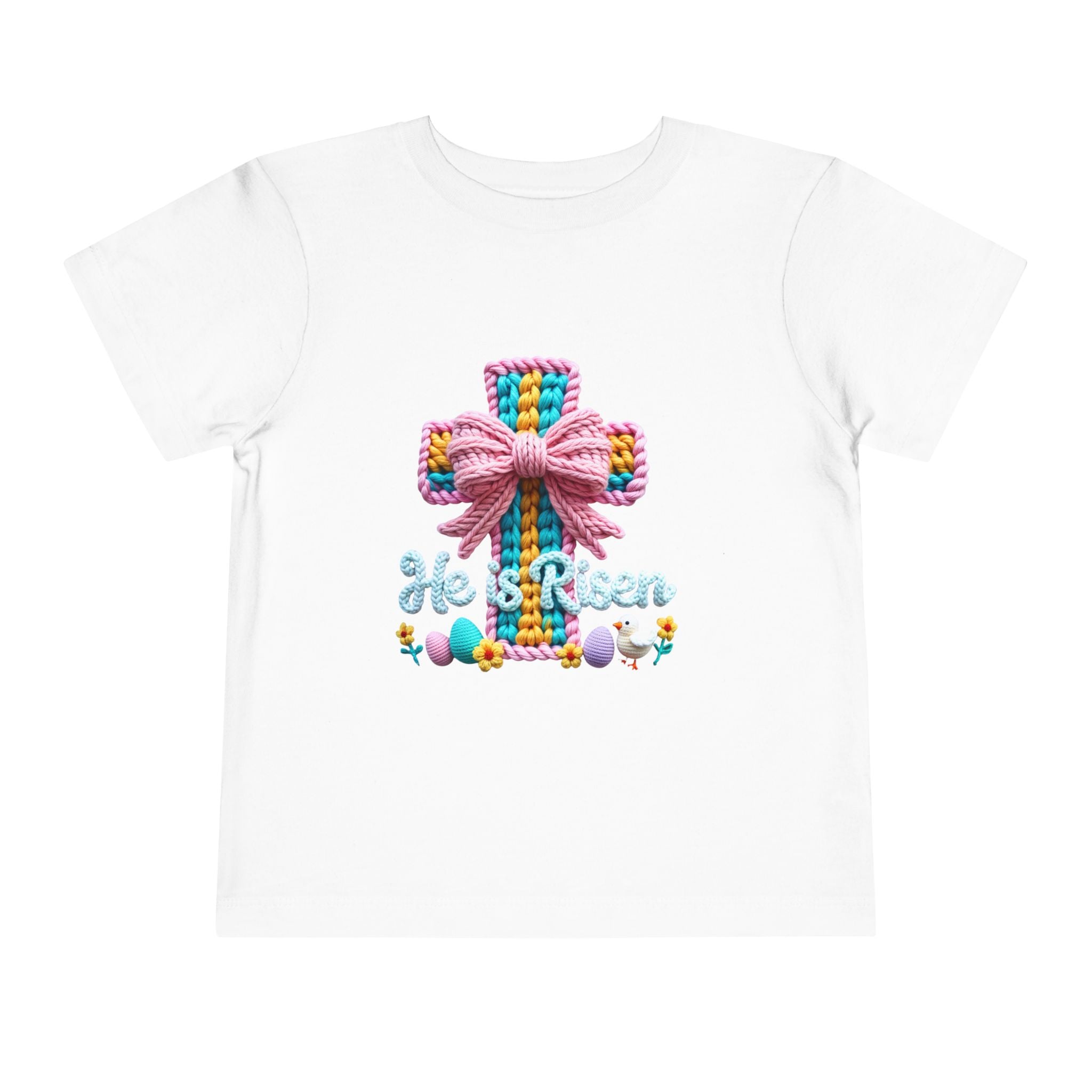 Easter Cross Toddler Tee — Colorful Knit Cross with "He is Risen" & Easter Eggs