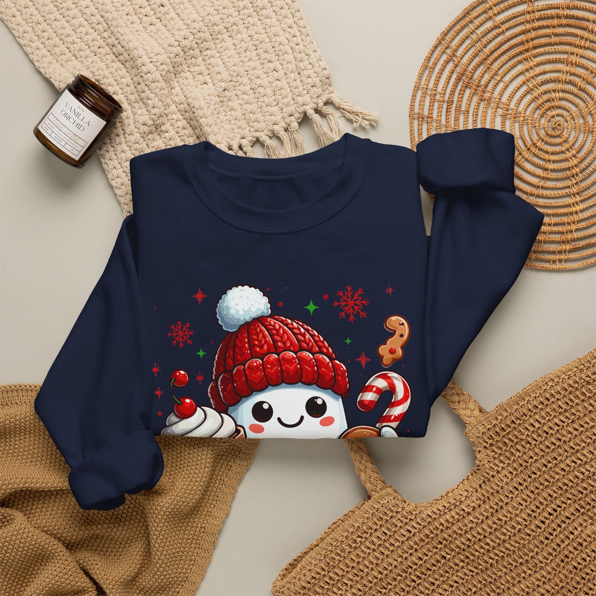 Holiday Marshmallow Character Sweatshirt — Cute Snowman with Gingerbread & Hot Cocoa