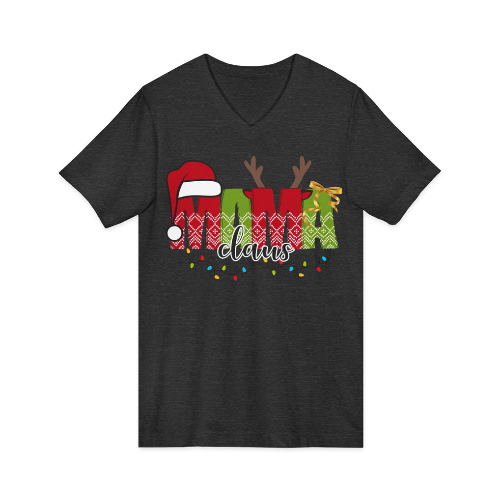 Mom Claus V-Neck Tee — Christmas Holiday Family Graphic Shirt