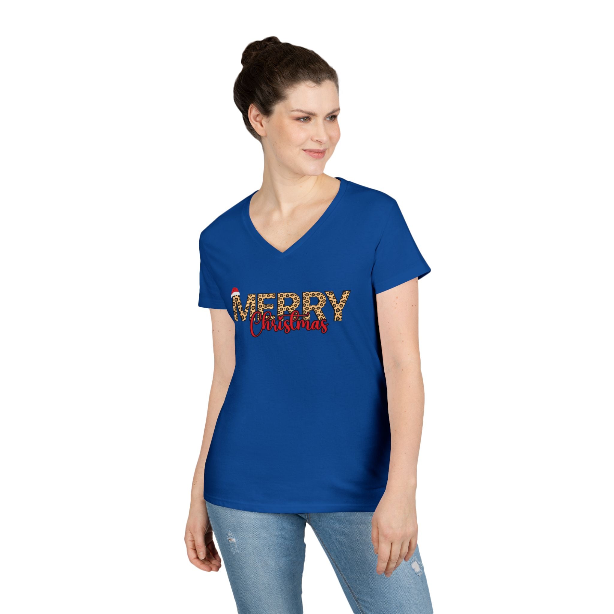 Merry Christmas Leopard Print V-Neck Tee