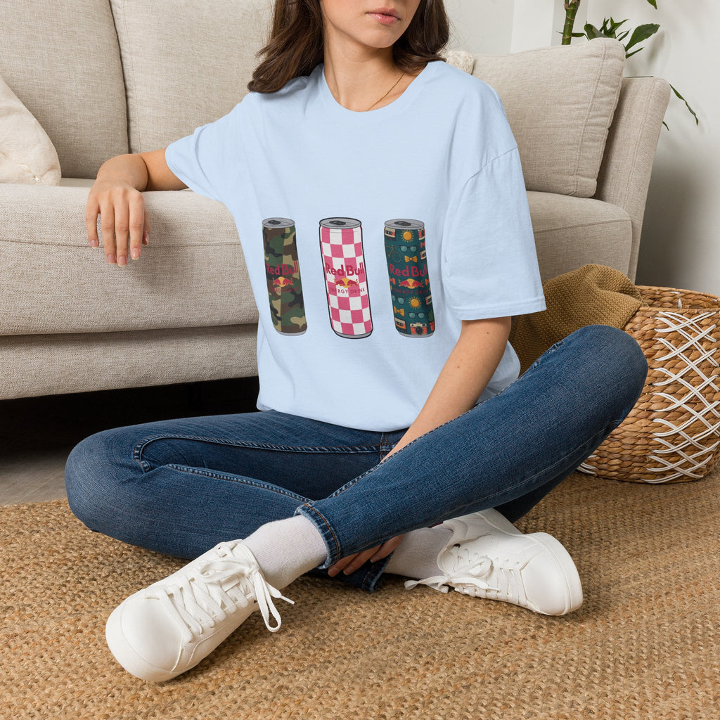 Energy Drink Can Trio T-Shirt — Camouflage, Checker & Floral Cans
