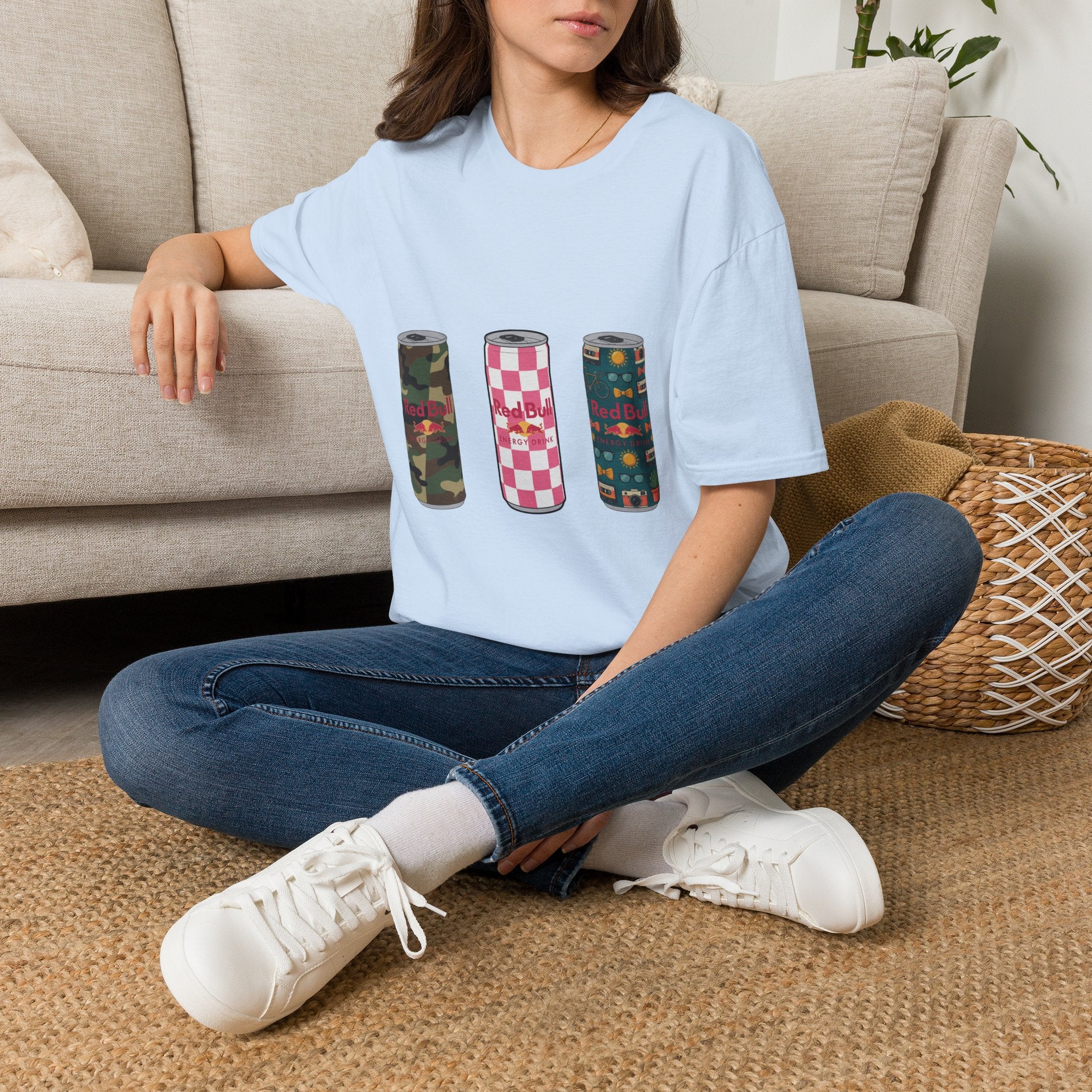 Energy Drink Can Trio T-Shirt — Camouflage, Checker & Floral Cans