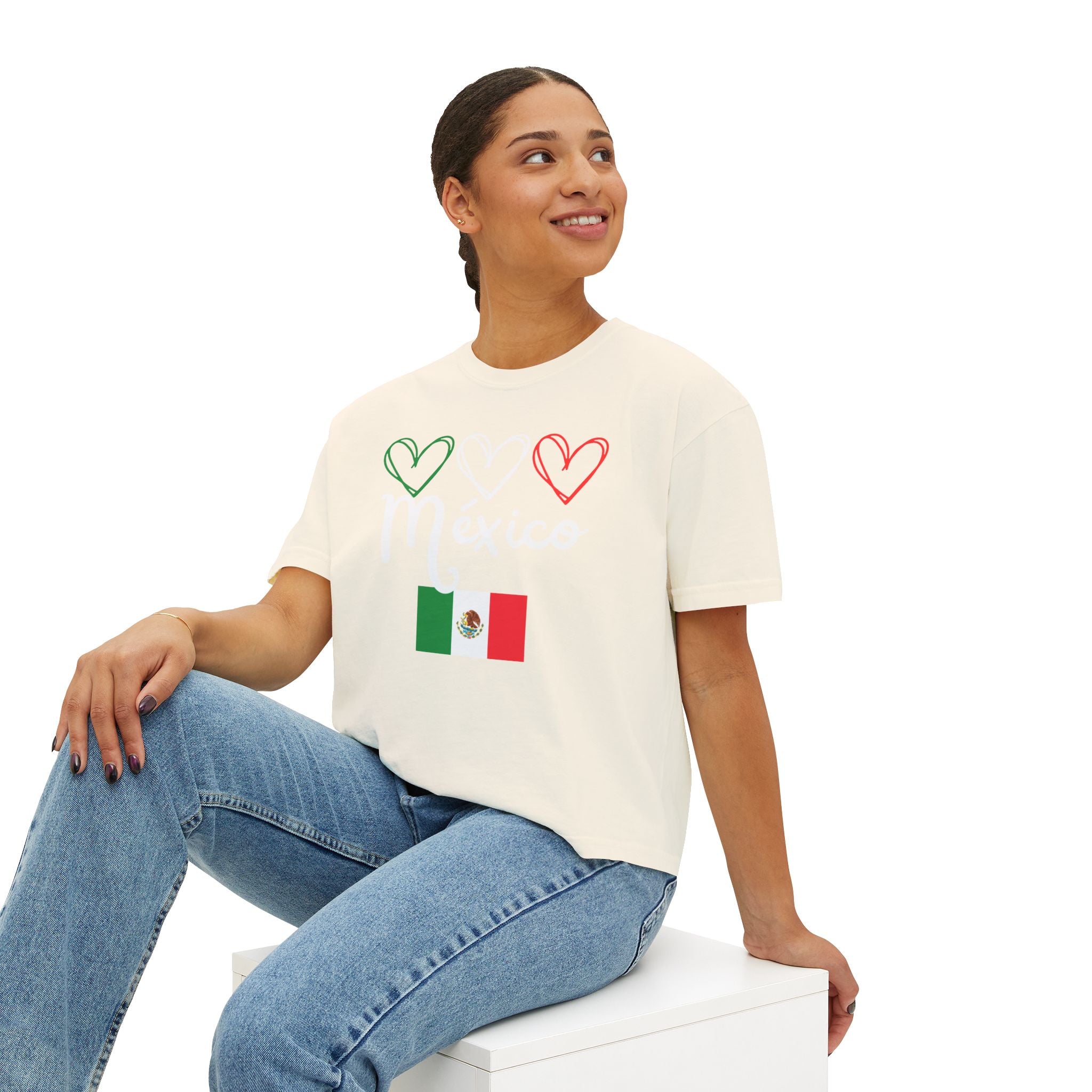 Mexico Flag Boxy Tee — Hearts & 'México' Women's Crop T-Shirt