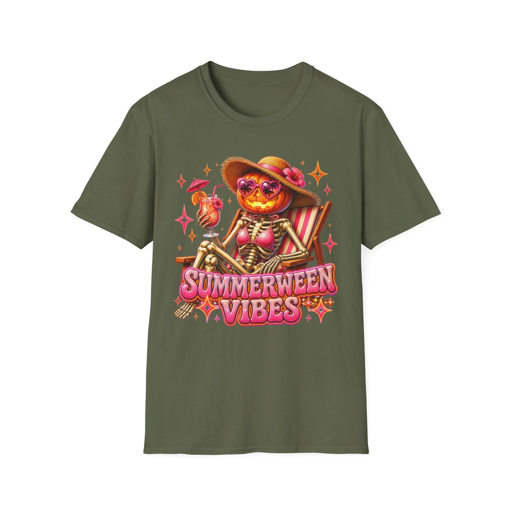 Summerween Vibes T-Shirt — Pumpkin Skeleton Beach Tee