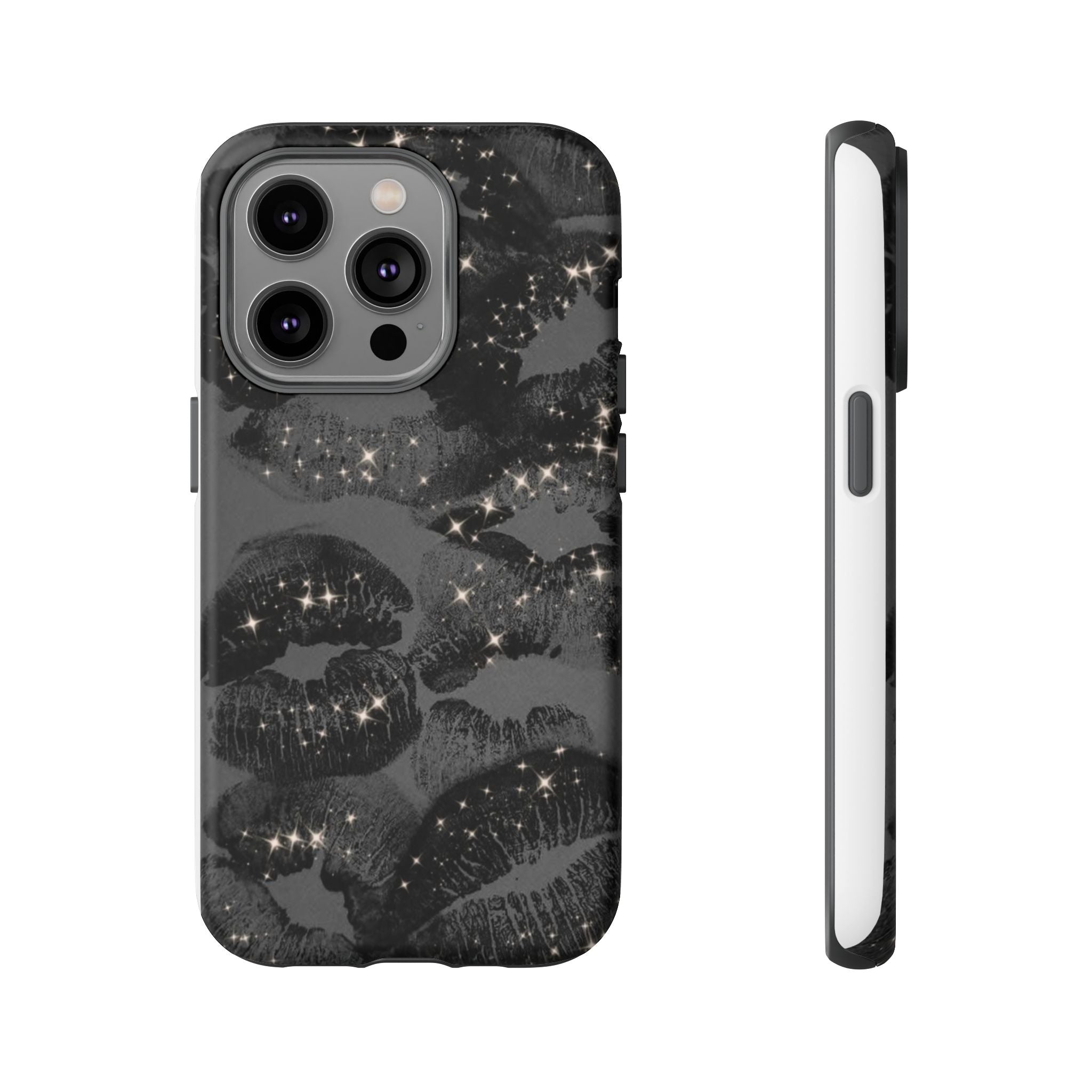 Black Glitter Kiss Phone Case — Sparkling Lip Print Protective Cover