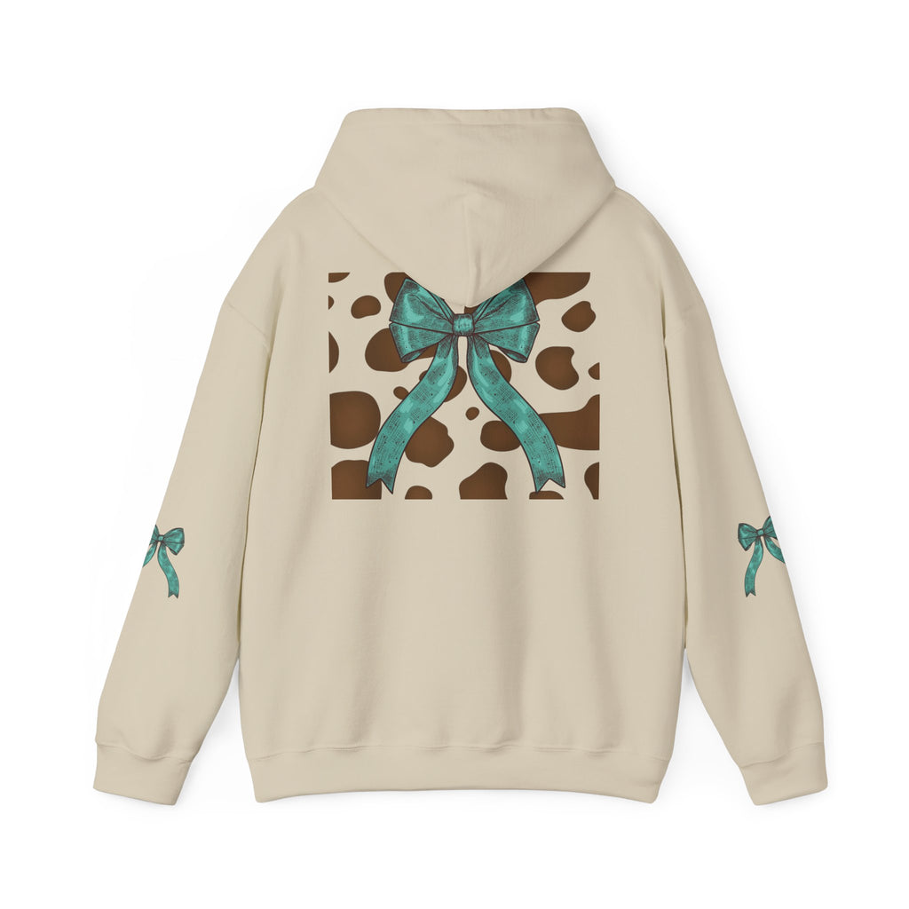 Mama Leopard Letters teal bow Hoodie | Cow print back panel, sleeve bows