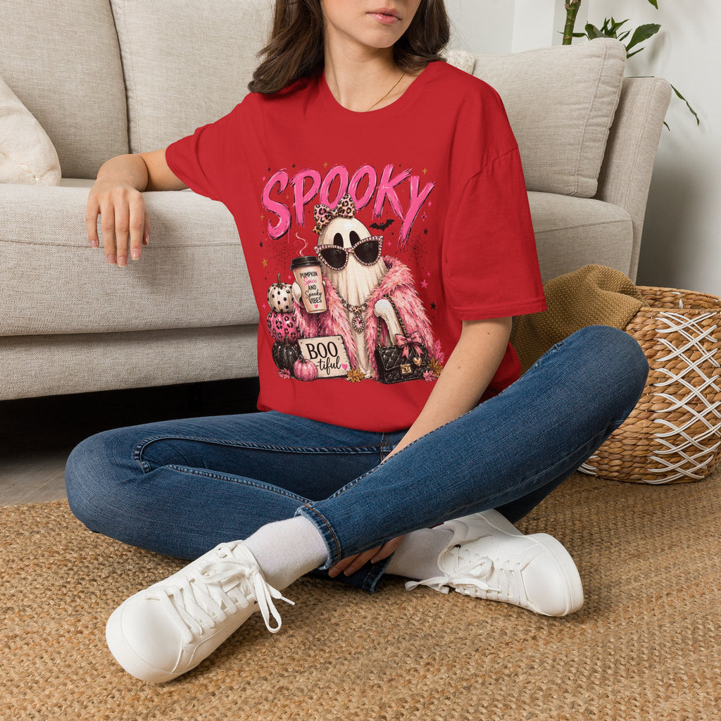 Spooky Glam T-Shirt — Cute Pink Ghost with Sunglasses & Pumpkin Latte